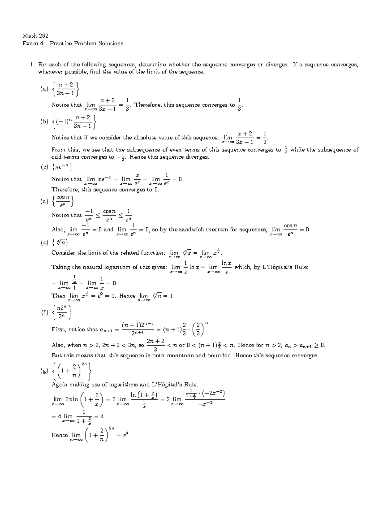 M262Exam4Prac Soln - Good - Math 262 Exam 4 - Practice Problem ...