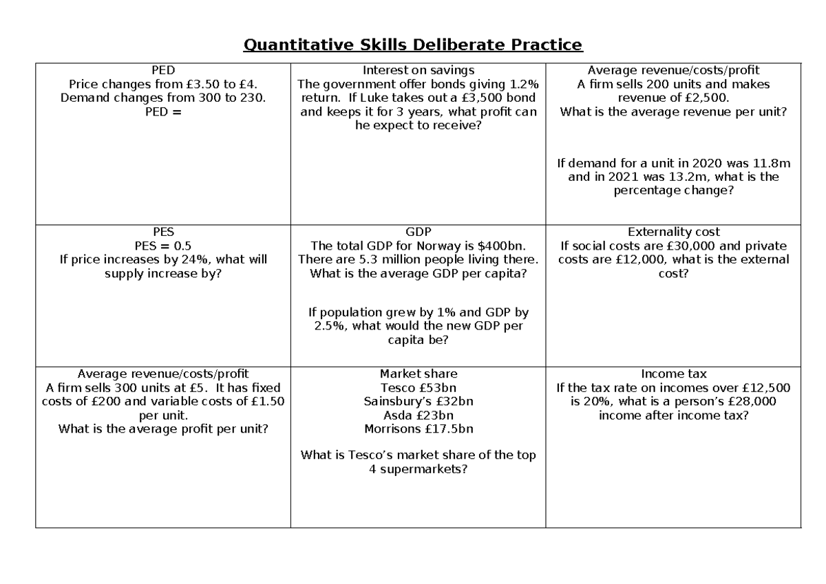 Quantitative Skills 1: Practice Exercises and Solutions Analysis - Studocu