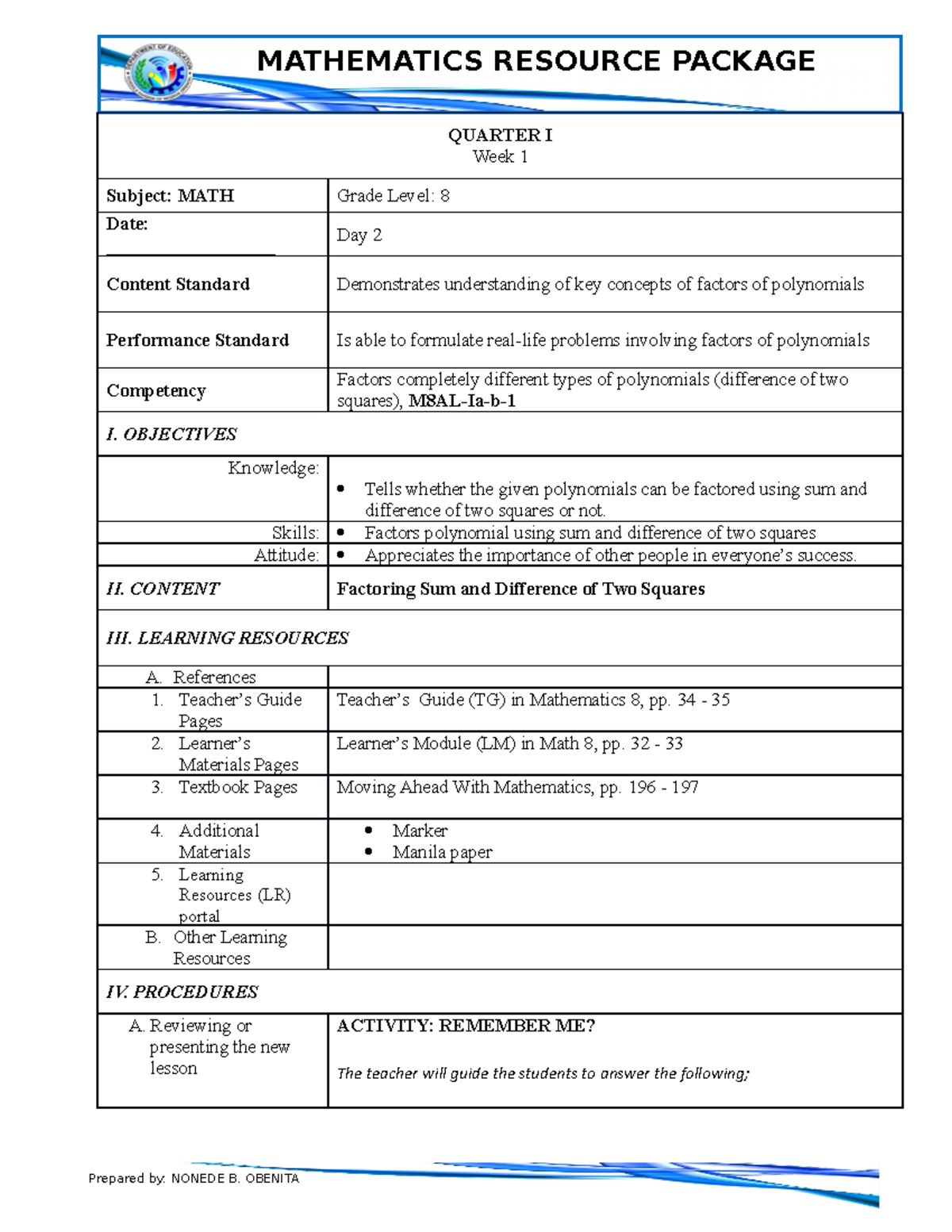 DLL-8 (WEEK 1, day 2) - A Detailed Lesson Plan for Grade 8 - Basic ...