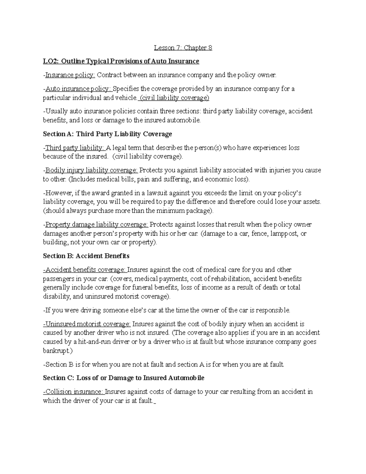 Fina 200 Chapter 8 - Comprehensive Auto Insurance Overview Notes - Studocu