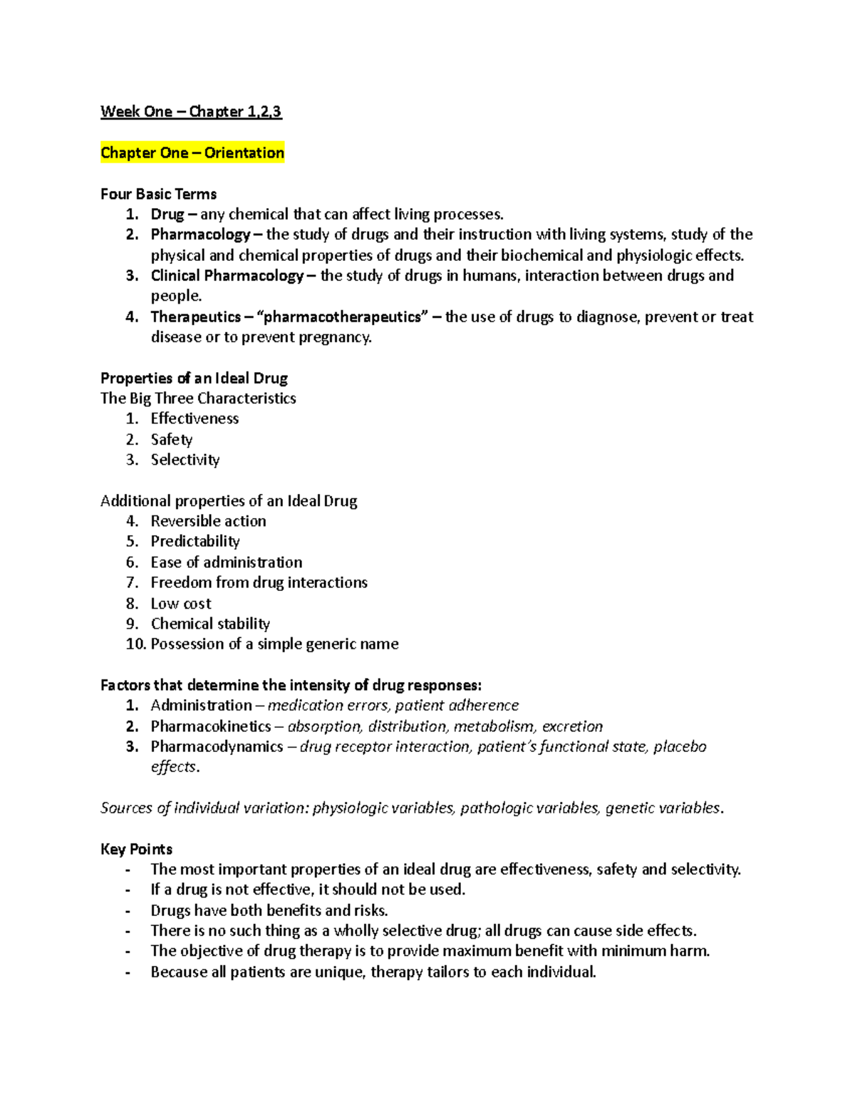 Pharmacology (PHAR 101): Week 1 Reading Notes on Drug Principles - Studocu