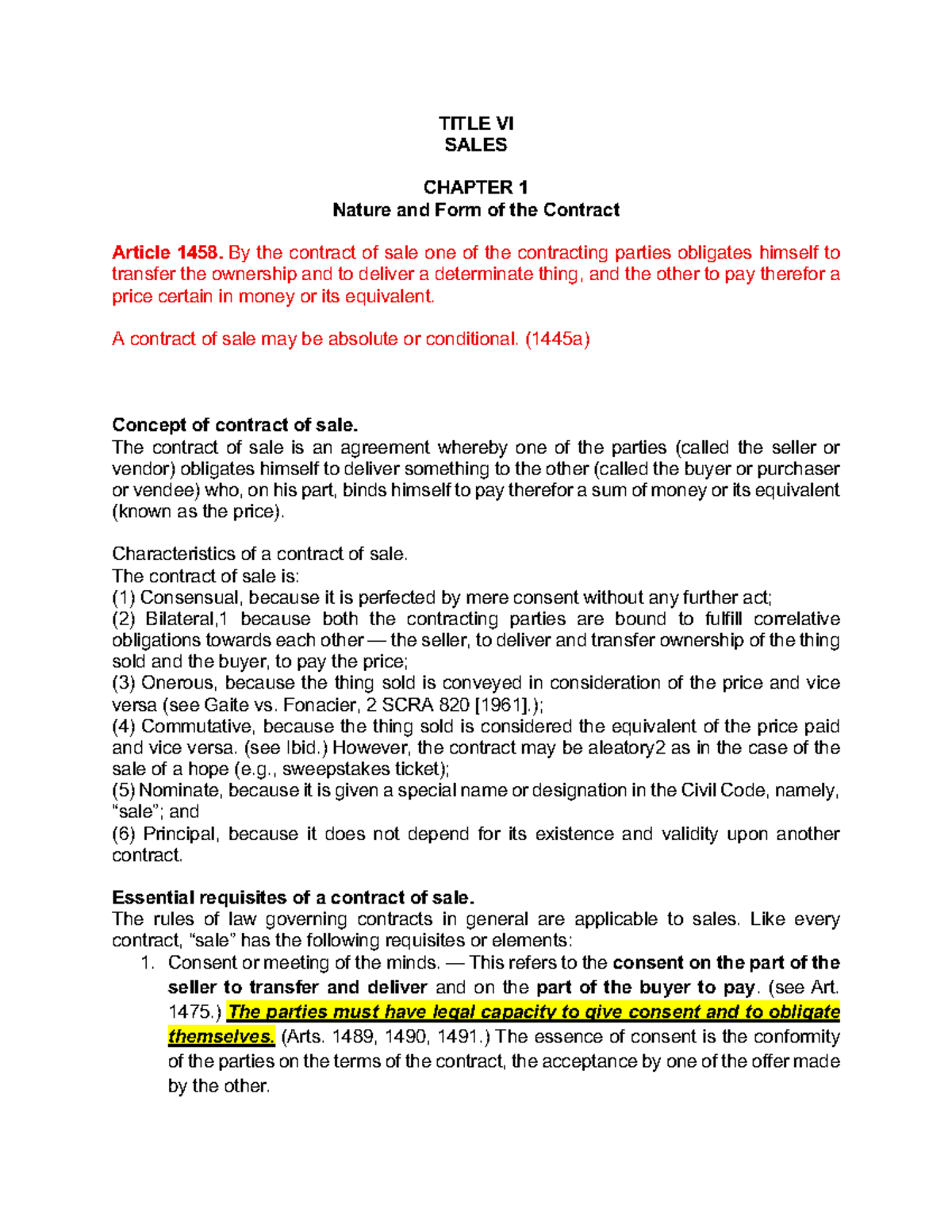 Law on Sales (TITLE VI) - Chapter 1: Nature & Form of Contract - Studocu