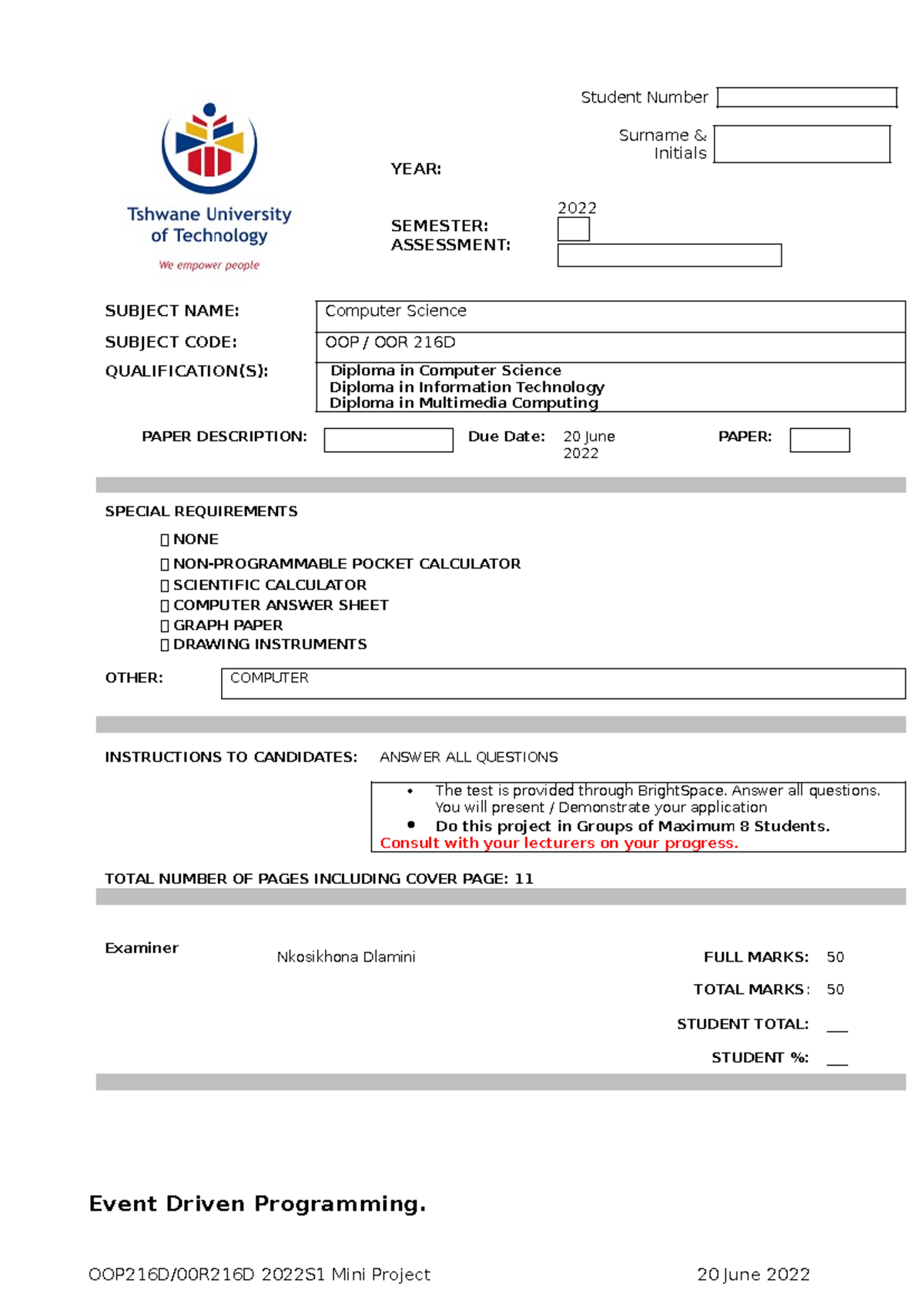 Mini Project OOP OOR 216 - YEAR: Student Number Surname & Initials 2022 ...