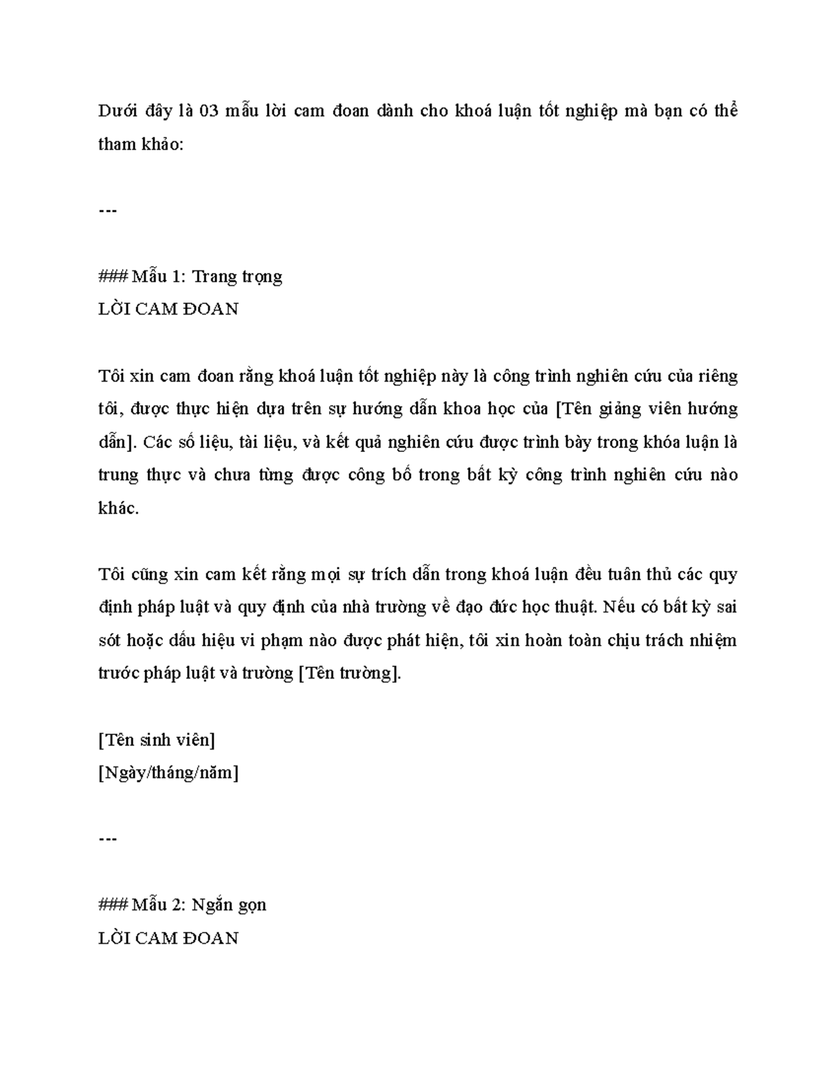 Mẫu lời cam đoan cho khóa luận tốt nghiệp 2: Hướng dẫn tham khảo - Document Preview