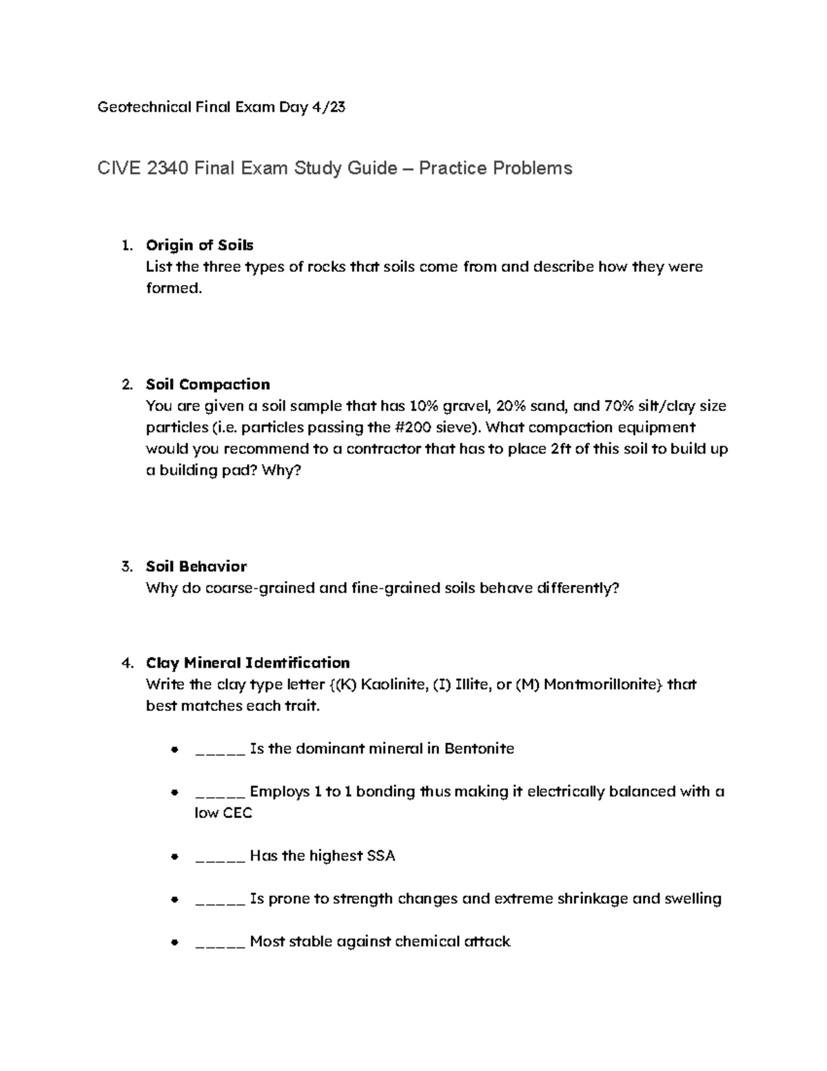 CIVE 2340 – Geotechnical Engineering Exam 2 Review and Preparation ...