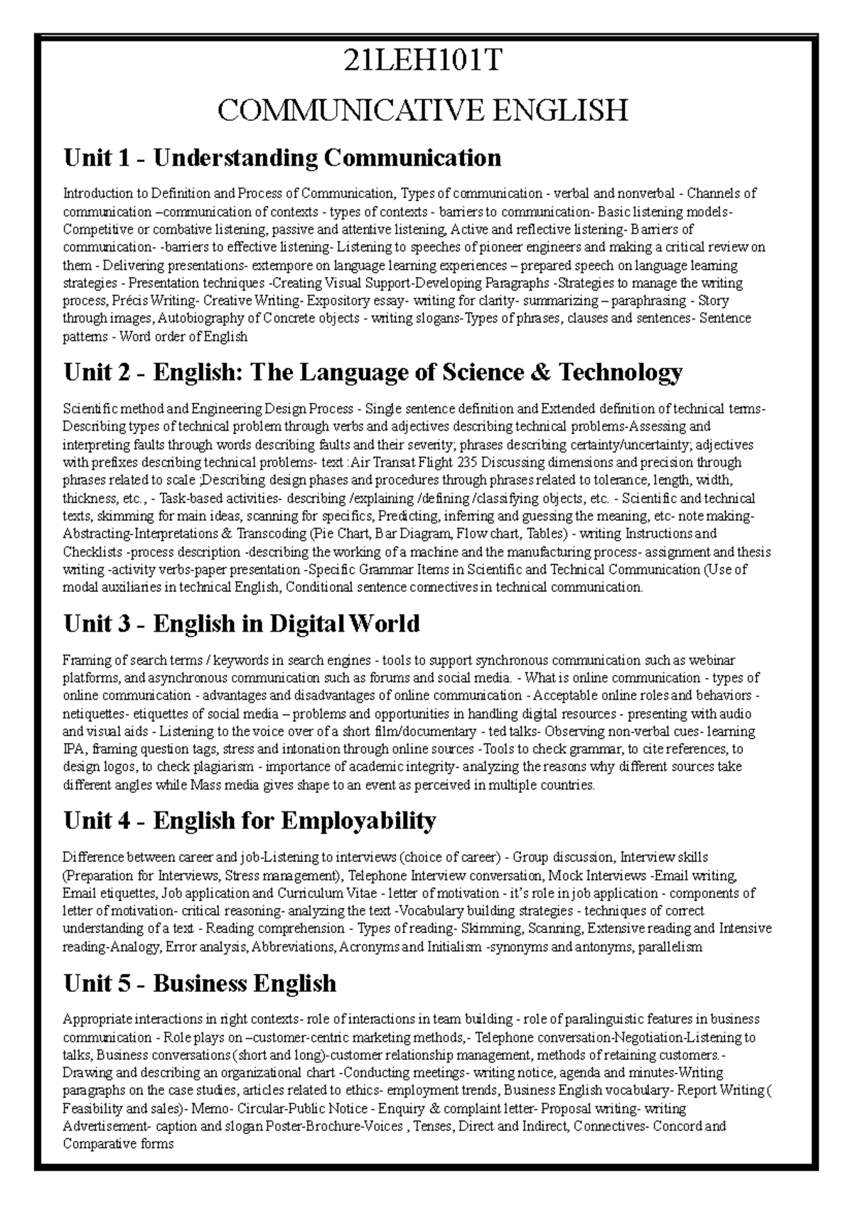 CE Notes - werghjk - 21LEH101T COMMUNICATIVE ENGLISH Unit 1 ...