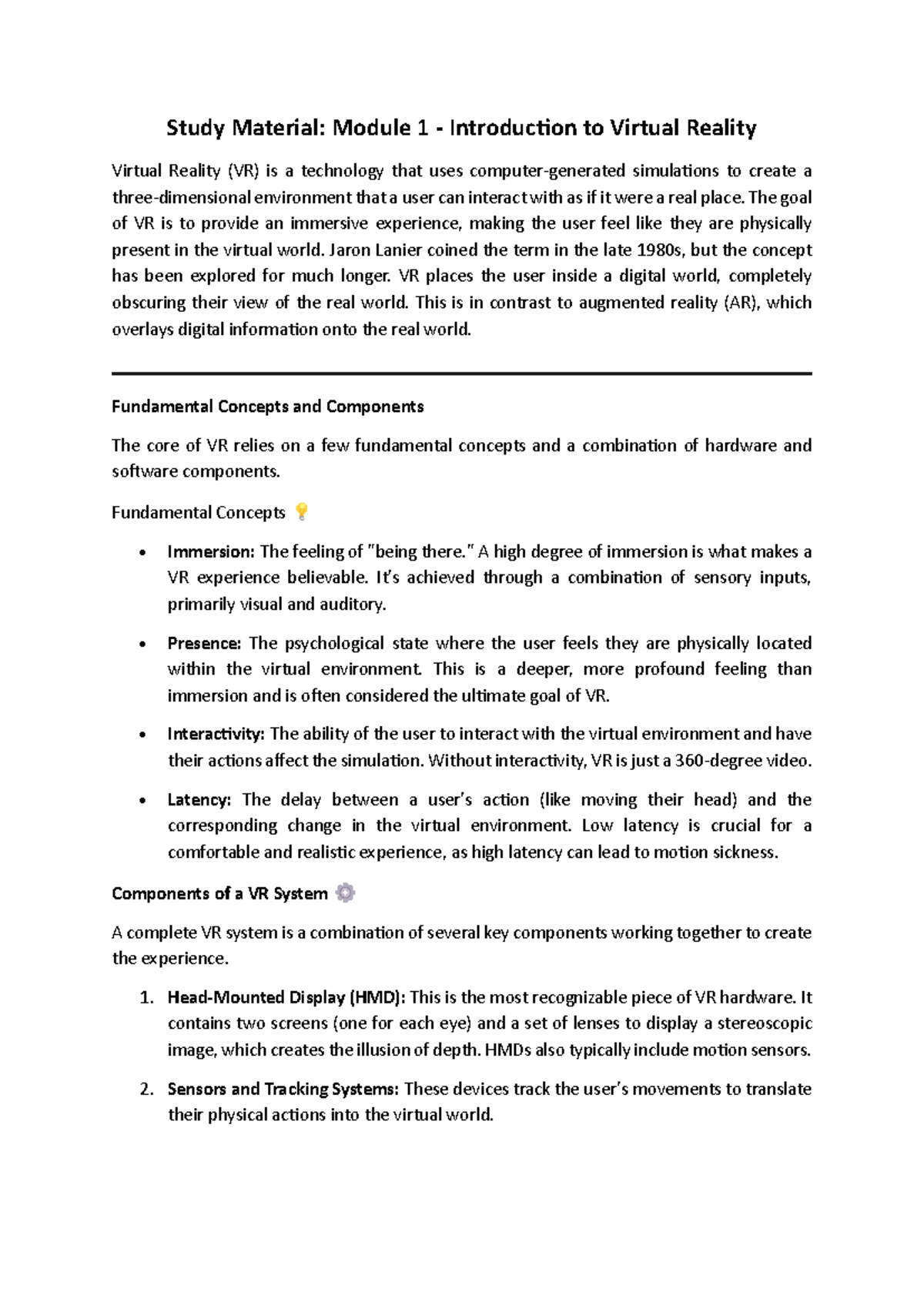 Module 1: Introduction to Virtual Reality - Study Material - Studocu