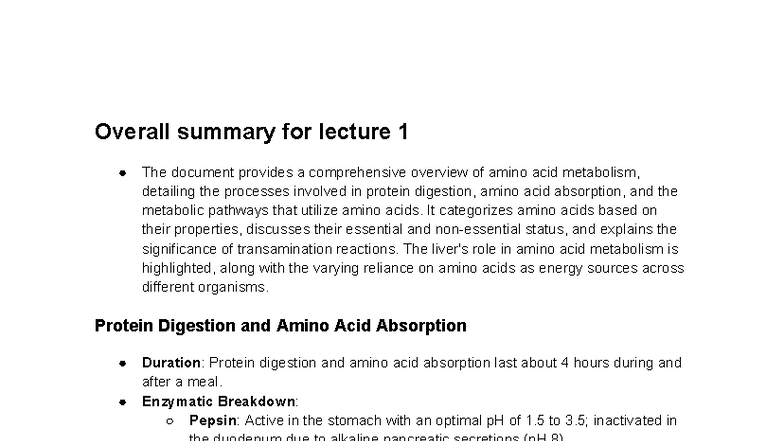 Lecture 1 Summary: Amino Acid Metabolism Overview - Studocu