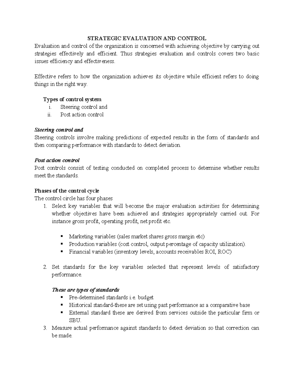 STRATEGIC MANAGEMENT LECTURE VI: EVALUATION & CONTROL NOTES - Studocu