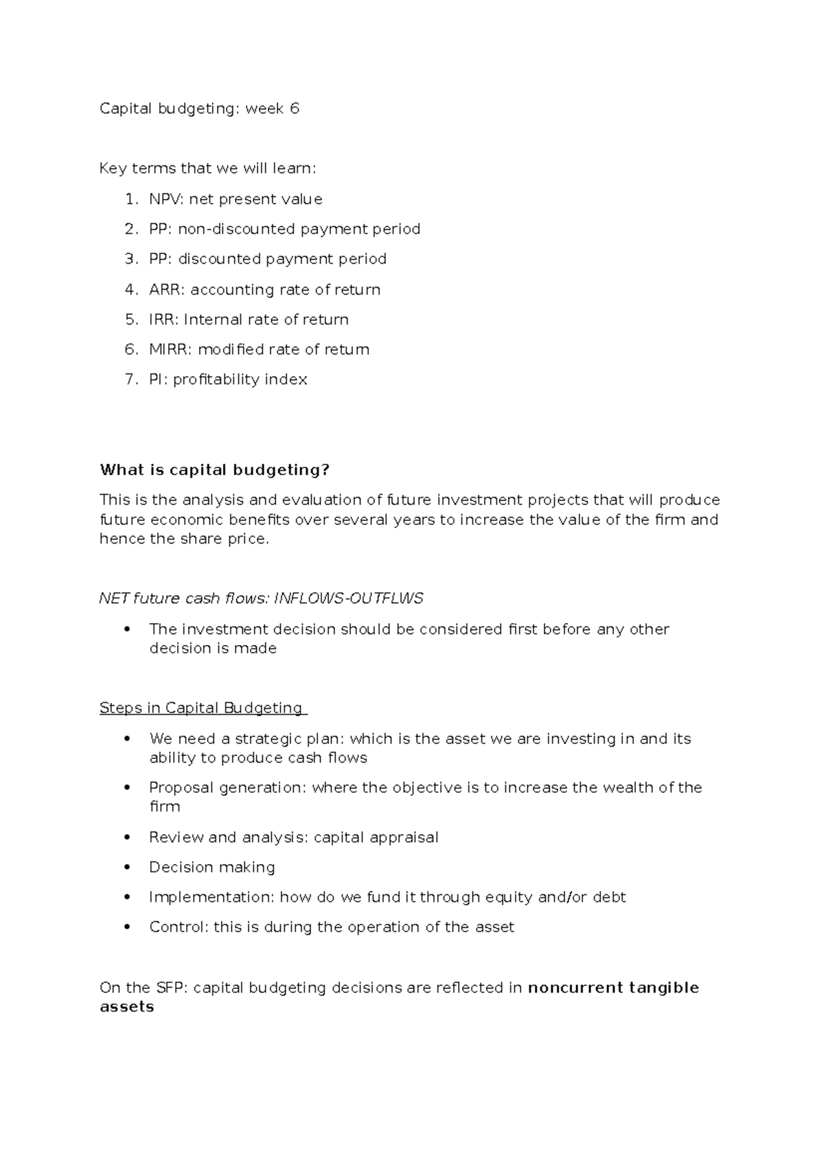 Capital Budgeting Concepts and Techniques - Week 6 Overview - Studocu