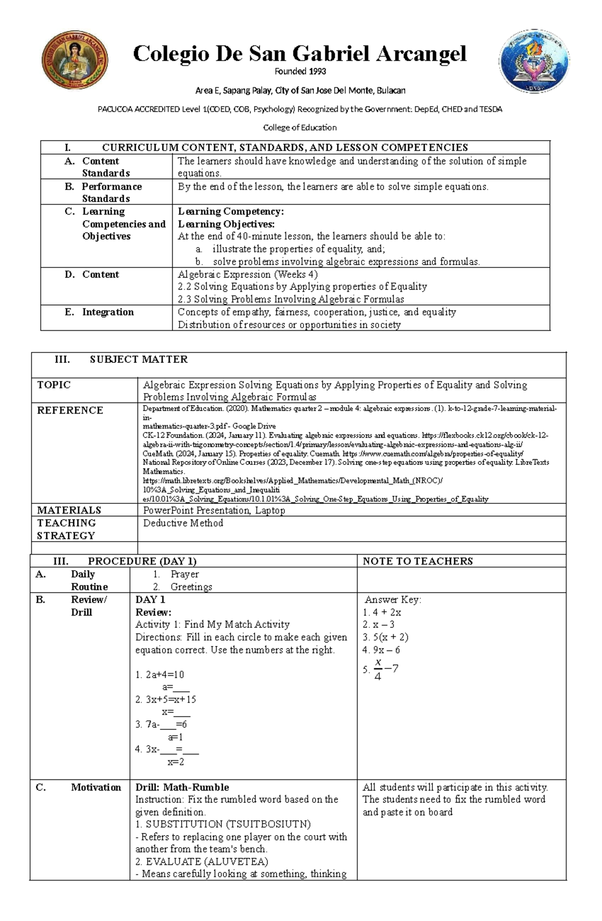 Algebraic Expression Lesson Plan (LP) Week 4: Solving Equations - Studocu