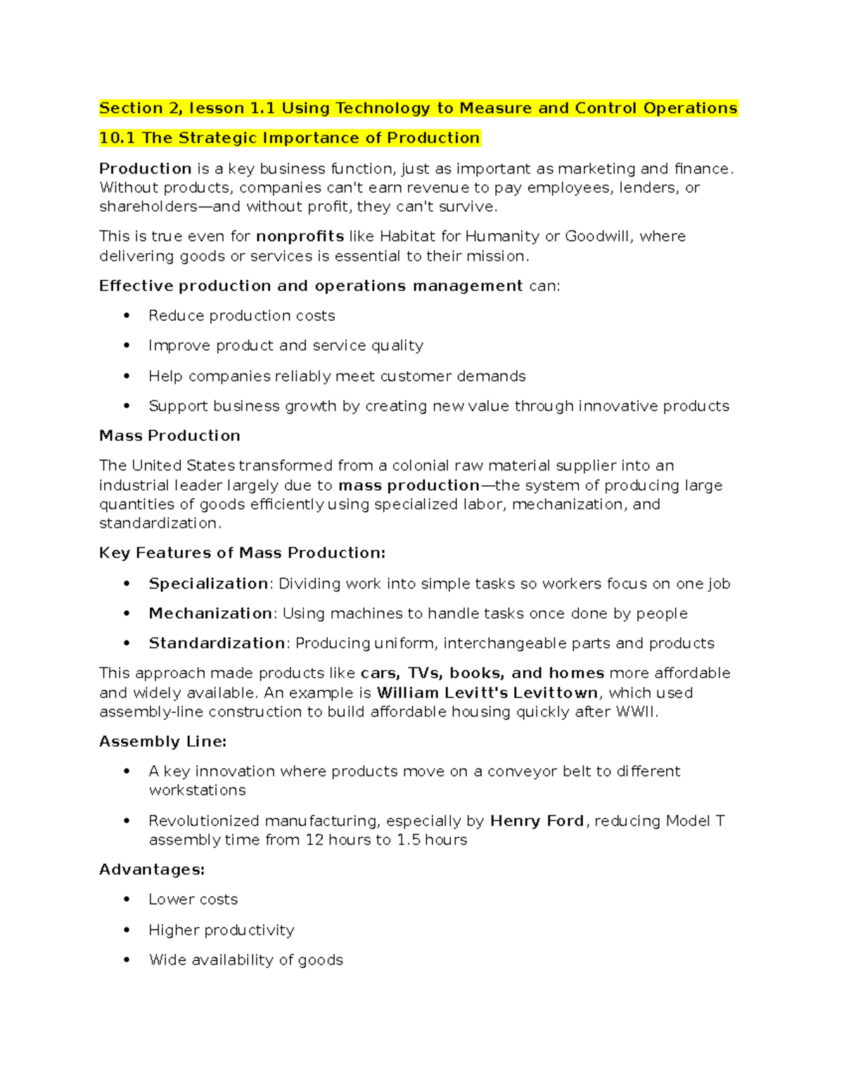 Section 2, Lesson 1.1: Tech in Production & Operations Management - Studocu