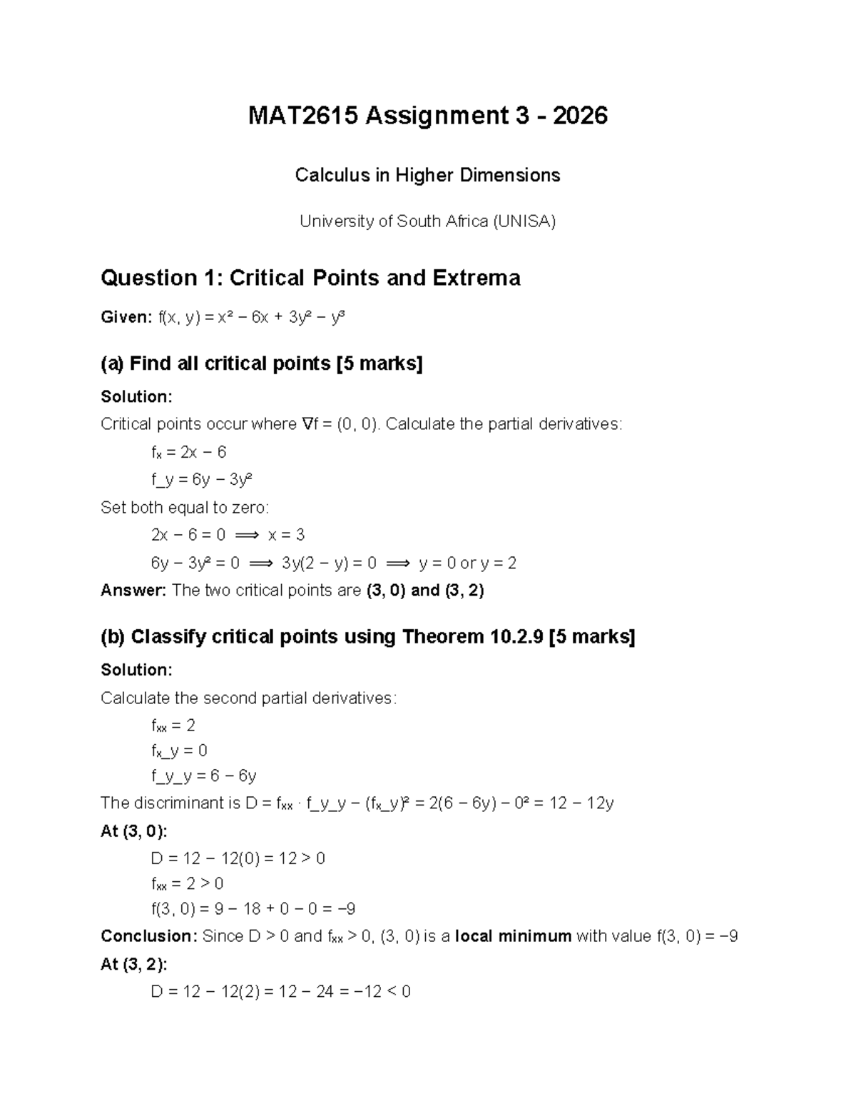 MAT2615 Assignment 3 Solutions: Critical Points & Integrals Analysis ...
