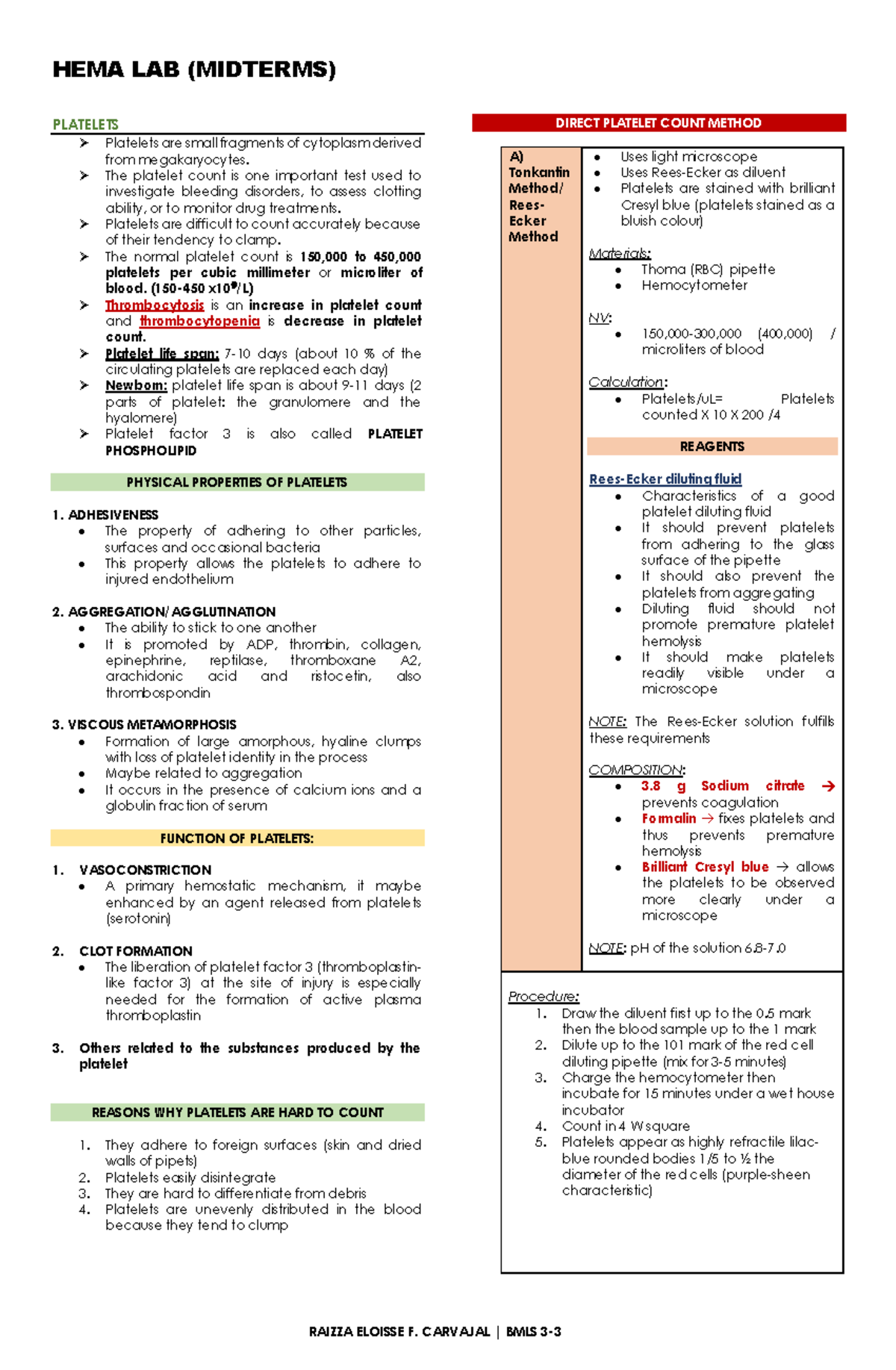 HEMA LAB (MIDTERMS) PLATELET COUNT METHODS AND COAGULATION TESTS REVIEW ...