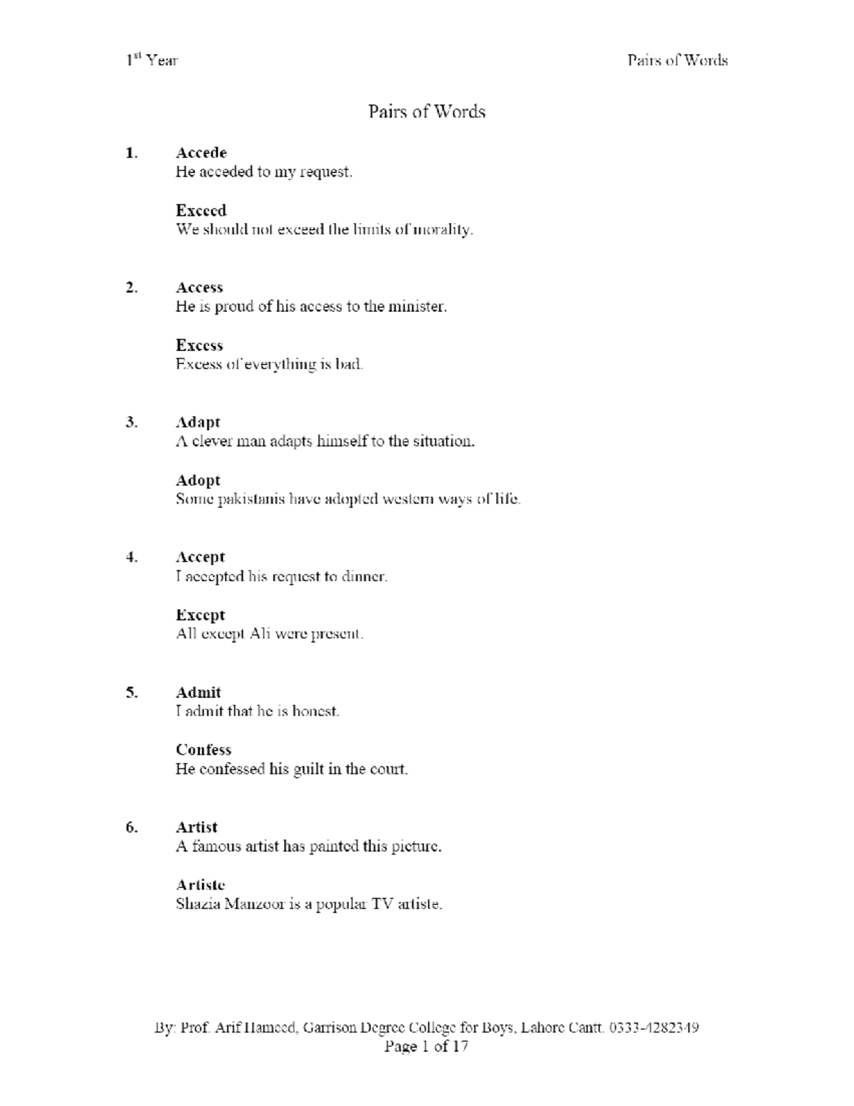 Pair of words - Good - 1st Year Pairs of Words Pairs of Words 1. Accede ...