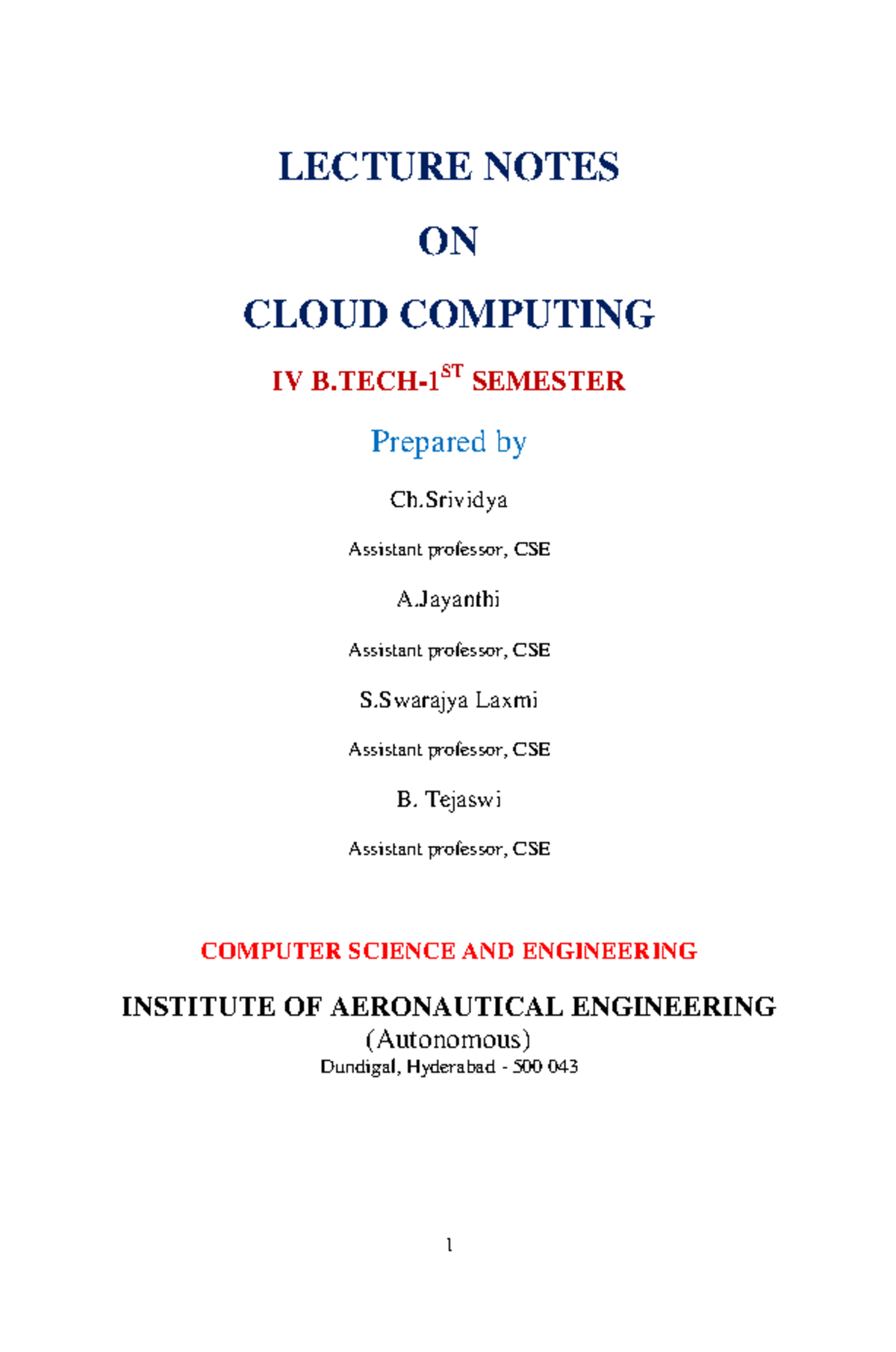 CC CSE Lecture Notes on Cloud Computing - Unit I Overview - Studocu