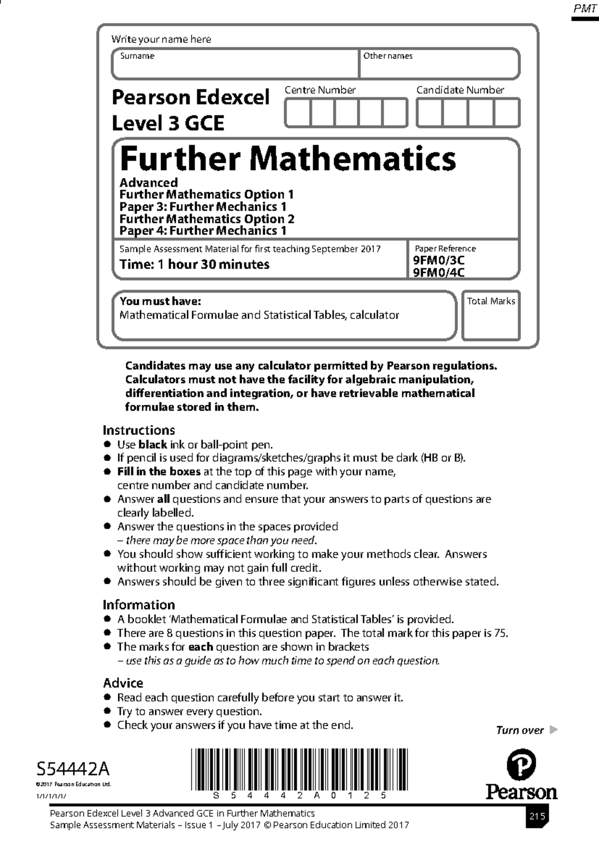 PMT Sample Assessment Material: Further Mechanics 1 (Level 3 GCE) - Studocu
