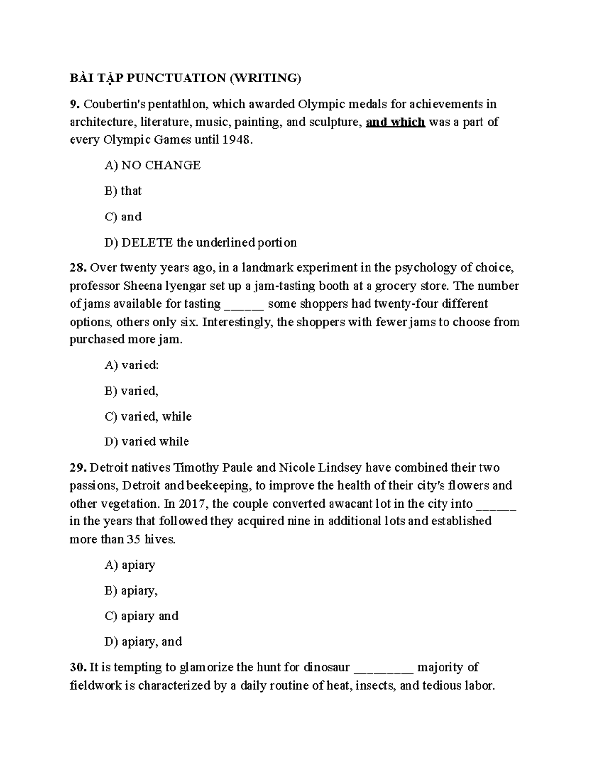 BÀI TẬP PUNCTUATION (WRITING) 9 - Exercises and Answers - Studocu