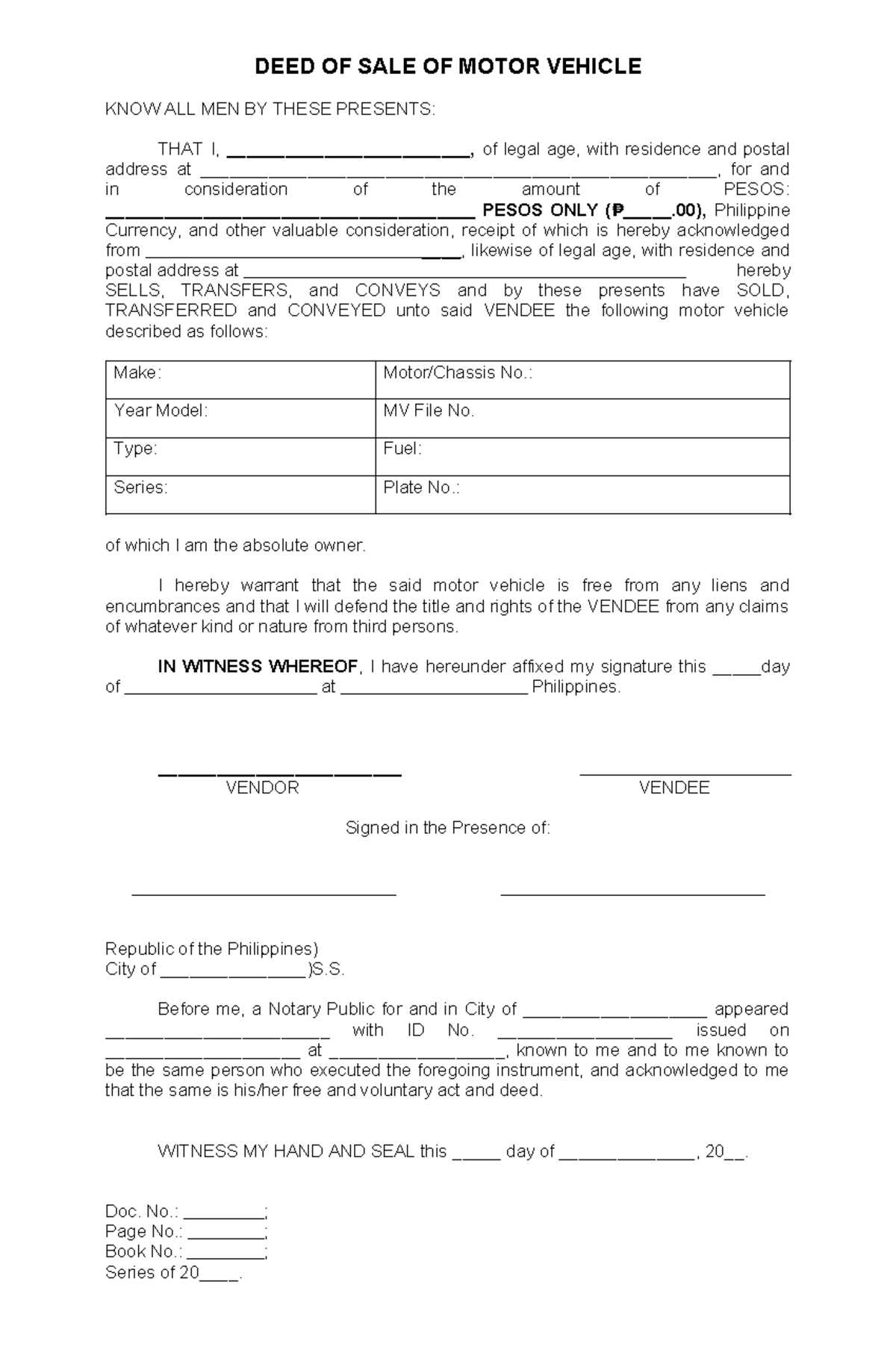 Deed Of Sale Of Motorcycle Deed Philippines