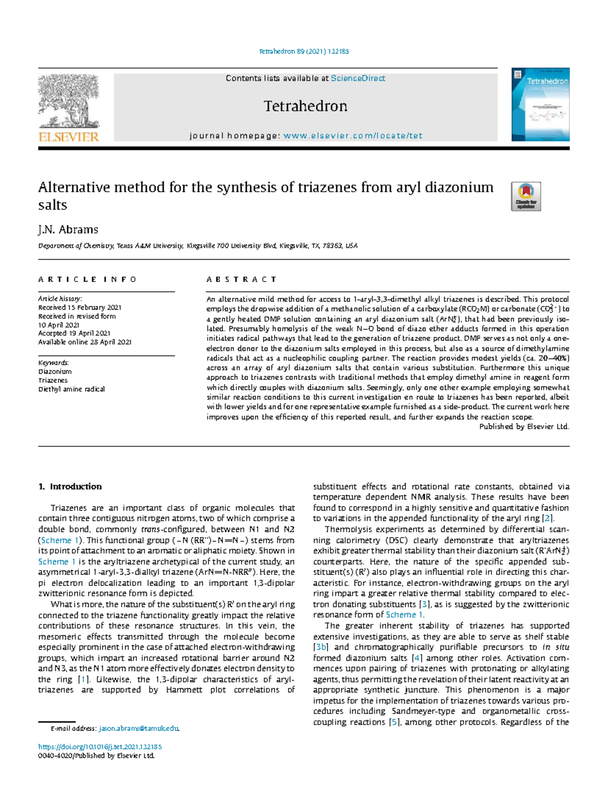Alternative Synthesis of Triazenes from Aryl Diazonium Salts (CHEM 89 ...