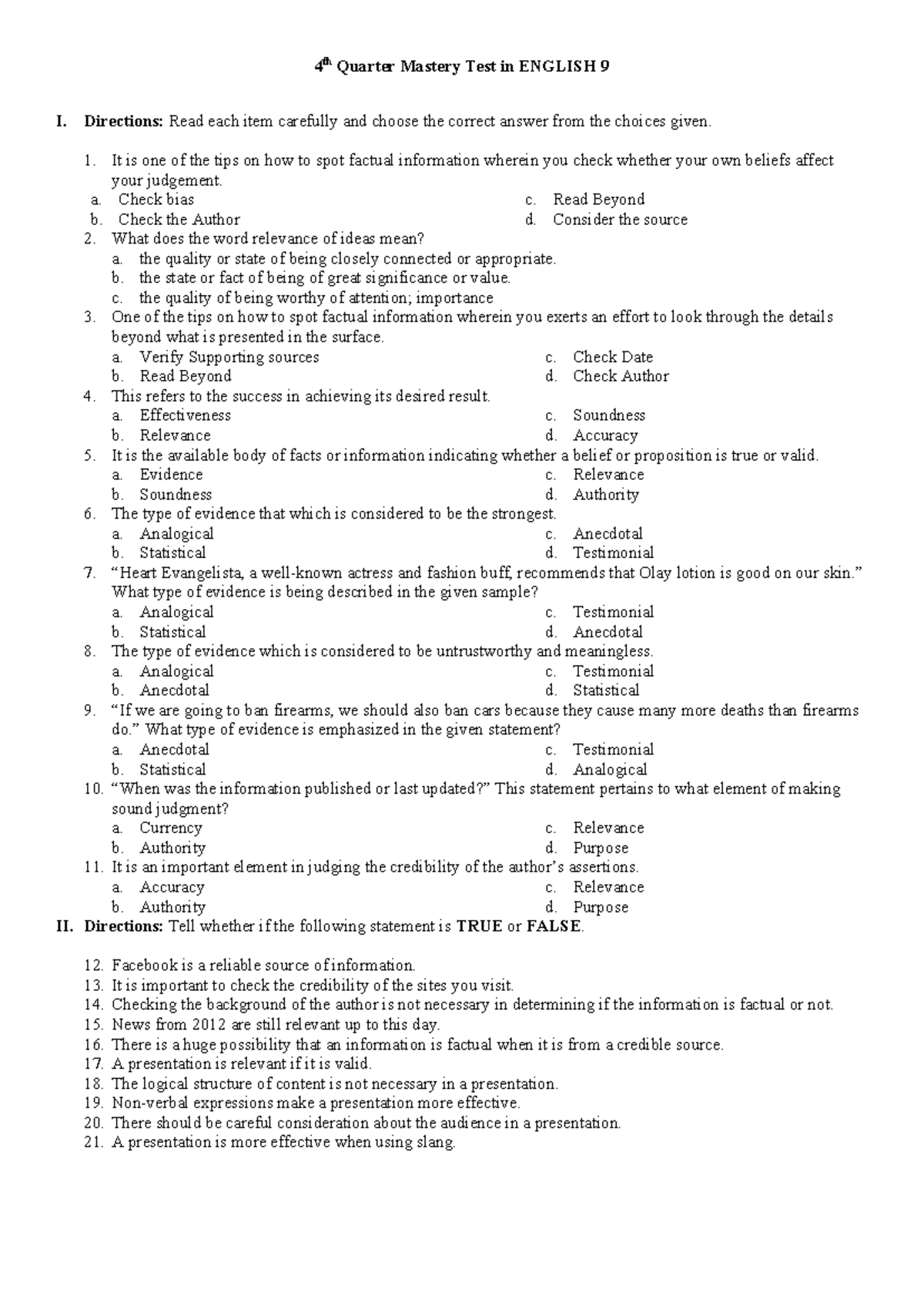 4th Quarter Mastery Test: Factual Information in ENGLISH 9 - Studocu