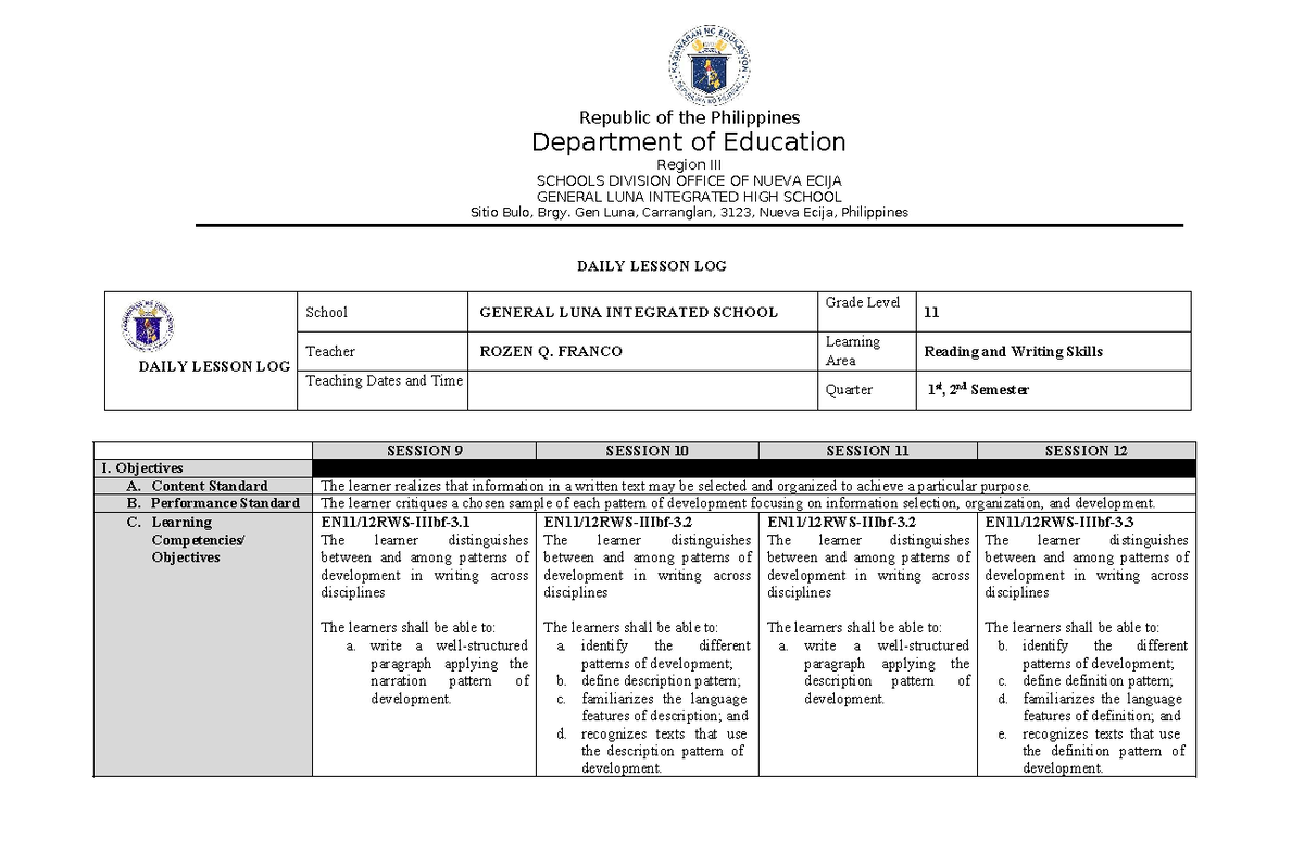 Grade 11 Reading & Writing Skills Daily Lesson Log (1st Quarter) - Studocu