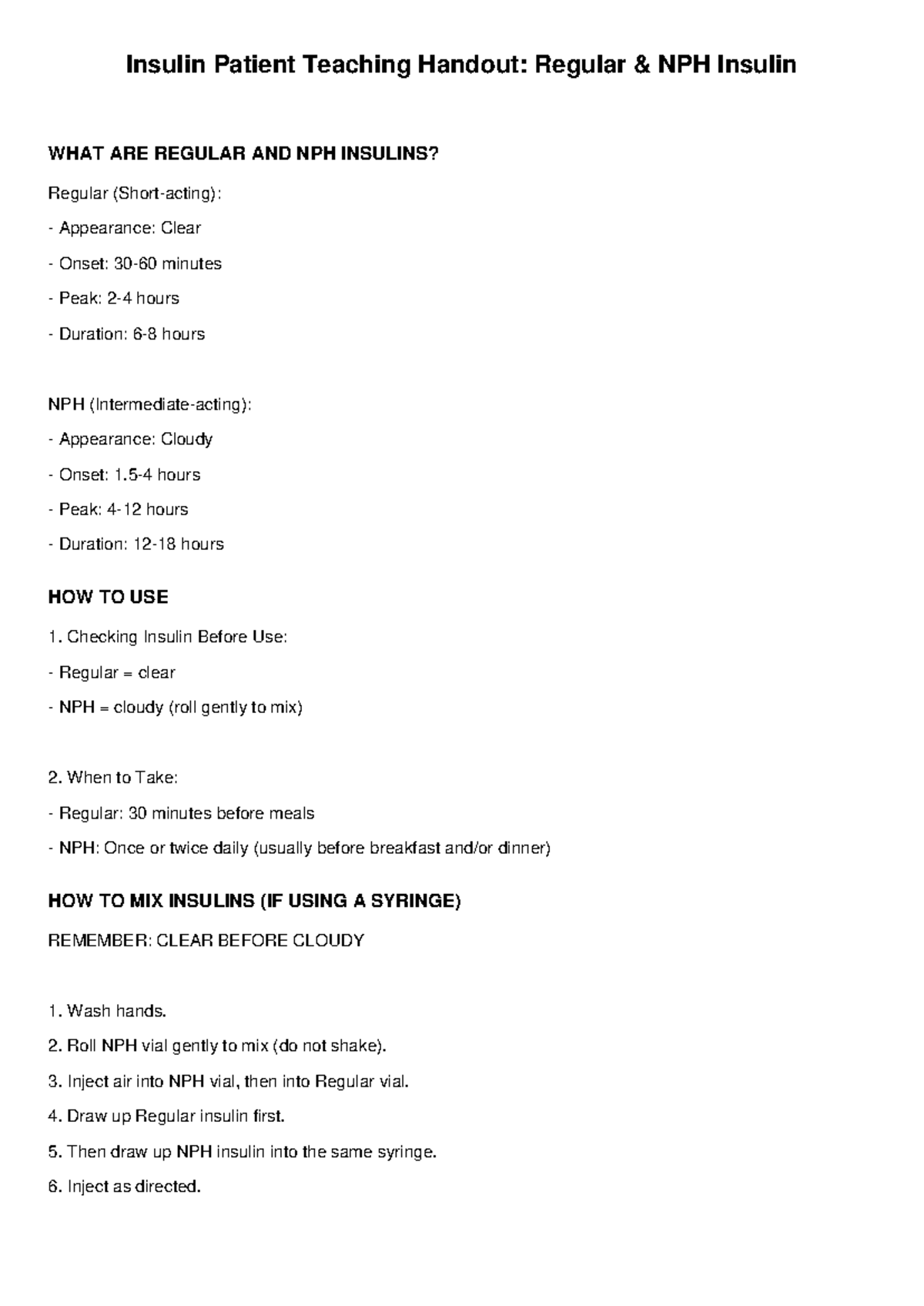Insulin Patient Teaching Handout: Regular & NPH Insulin Guide - Studocu
