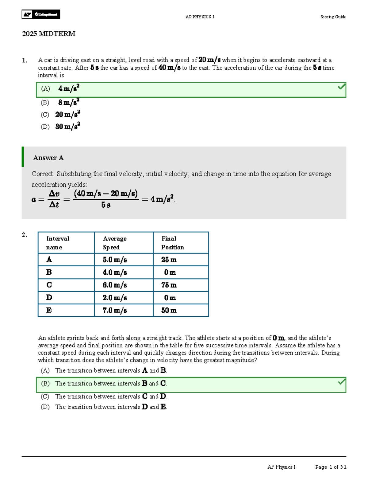AP PHYSICS 1 Scoring Guide 2025 MIDTERM Exam Review - Studocu