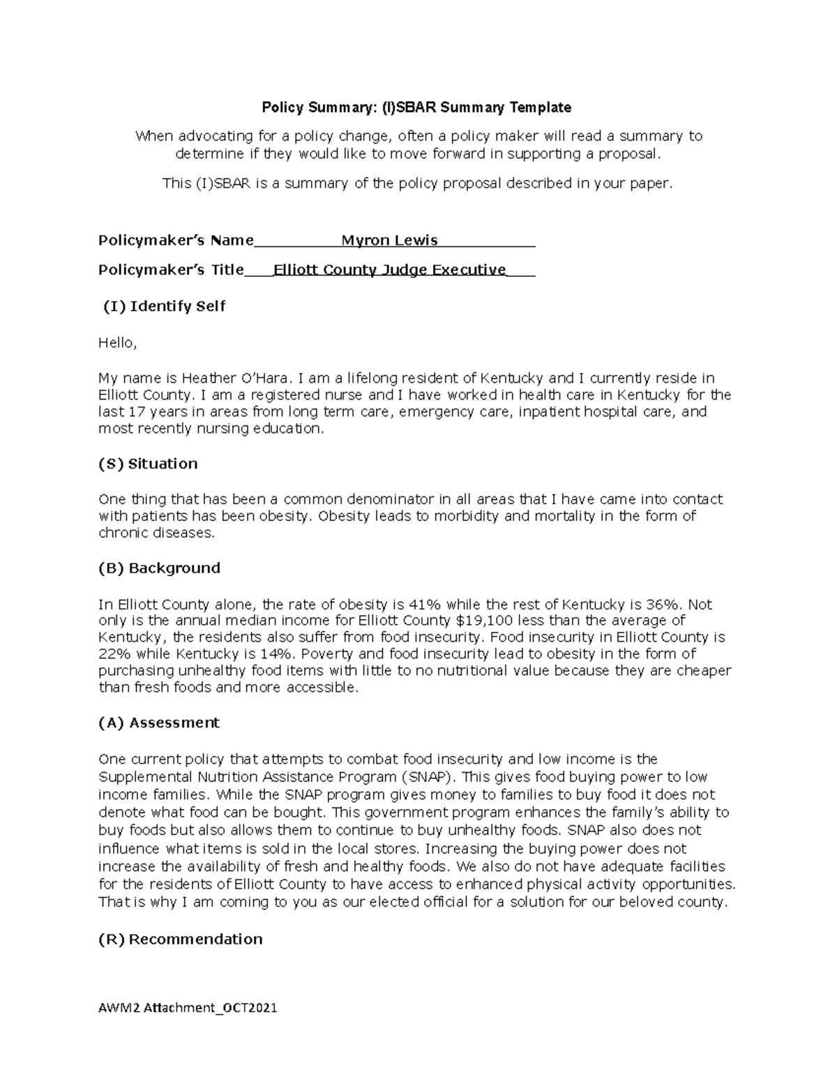 D025 (I)SBAR Policy Proposal Summary for Elliott County - Studocu