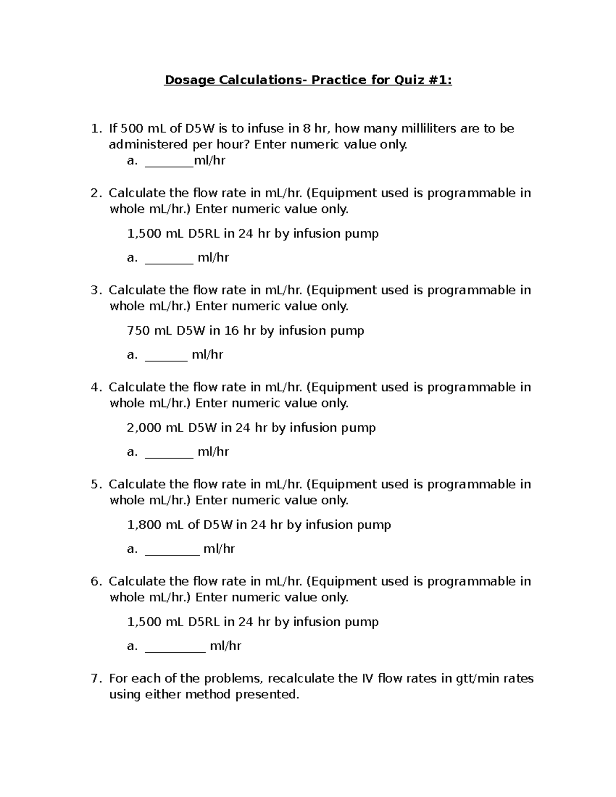 Dosage Calculations Quiz #1 Practice for Funds 101 Exam Preparation ...