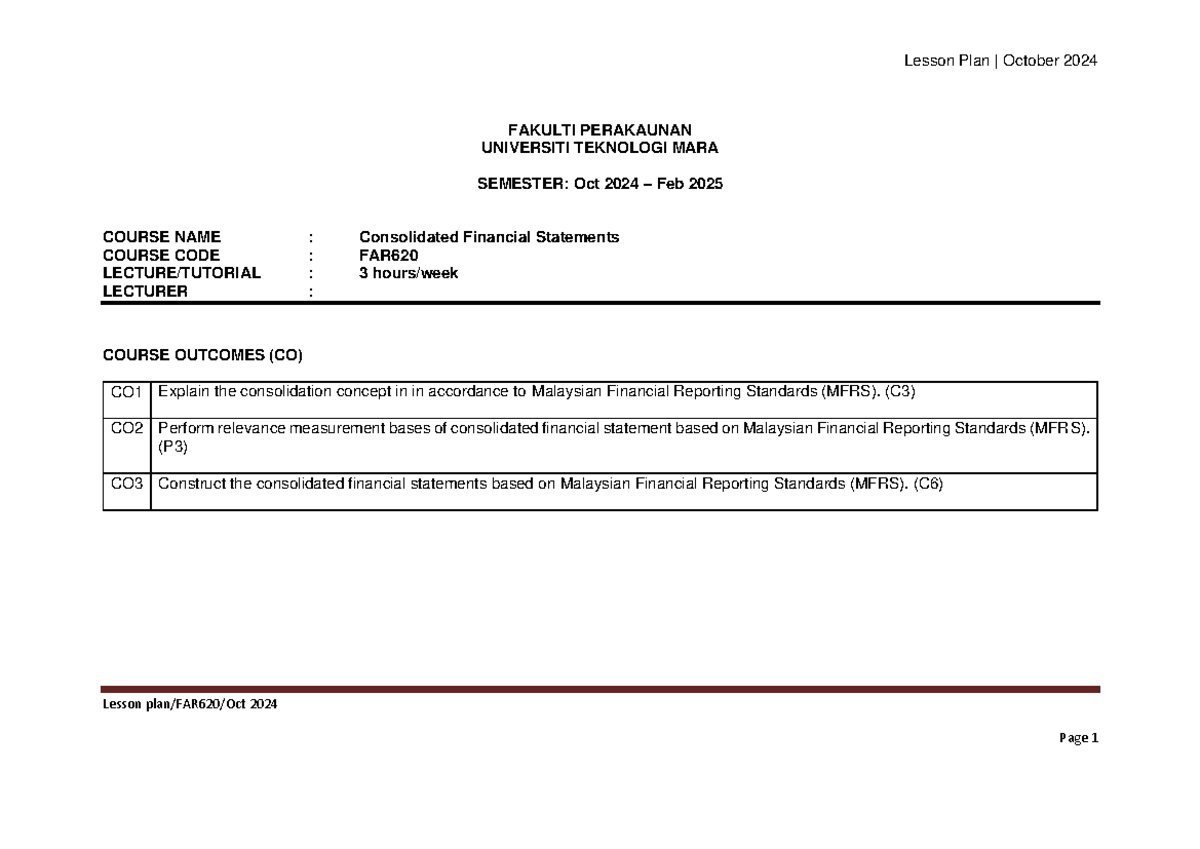 OBE Lesson Plan for Consolidated Financial Statements (FAR620) - Oct ...