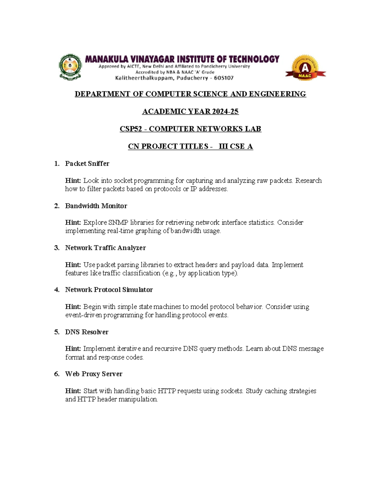 CSE CSP52 Computer Networks Lab Project Ideas and Guidelines - Studocu