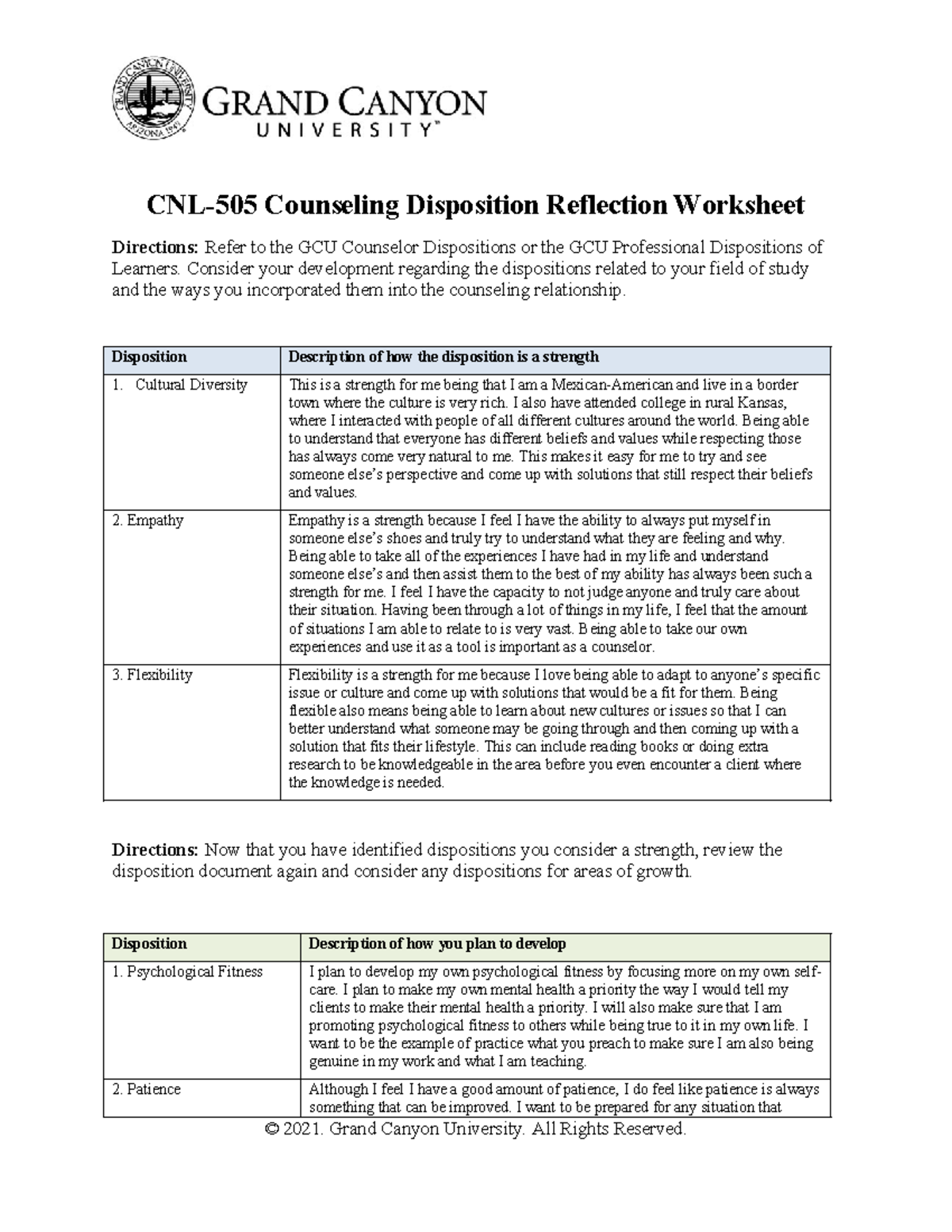 CNL-505 Counseling Disposition Reflection and Development Worksheet ...