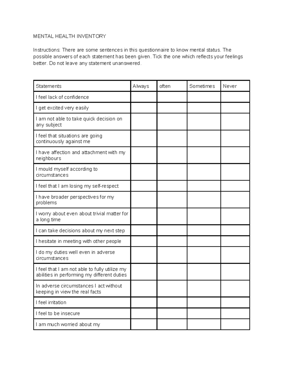 Mental Health Inventory (MHI) - Assessment of Psychological Wellbeing ...