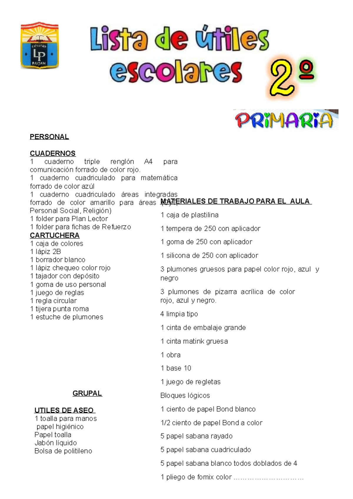 Lista de Útiles para Segundo Grado 2026 - Studocu