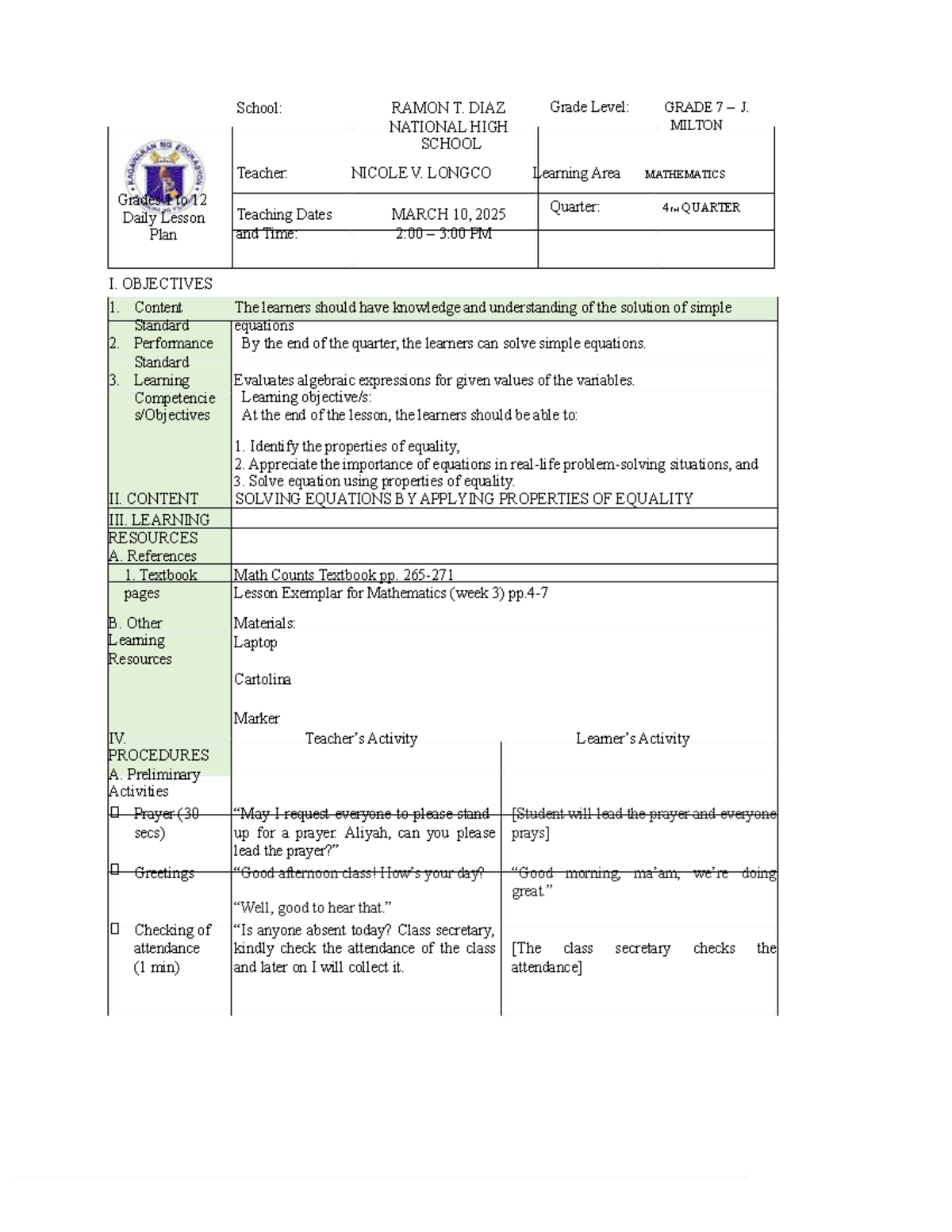 Grade 7 Mathematics Lesson Plan: Solving Equations (4th Quarter) - Studocu