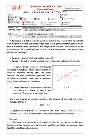 Gen Math LAS 4 Review Quadratic Functions - ... LEARNING AS ONE NATION ...