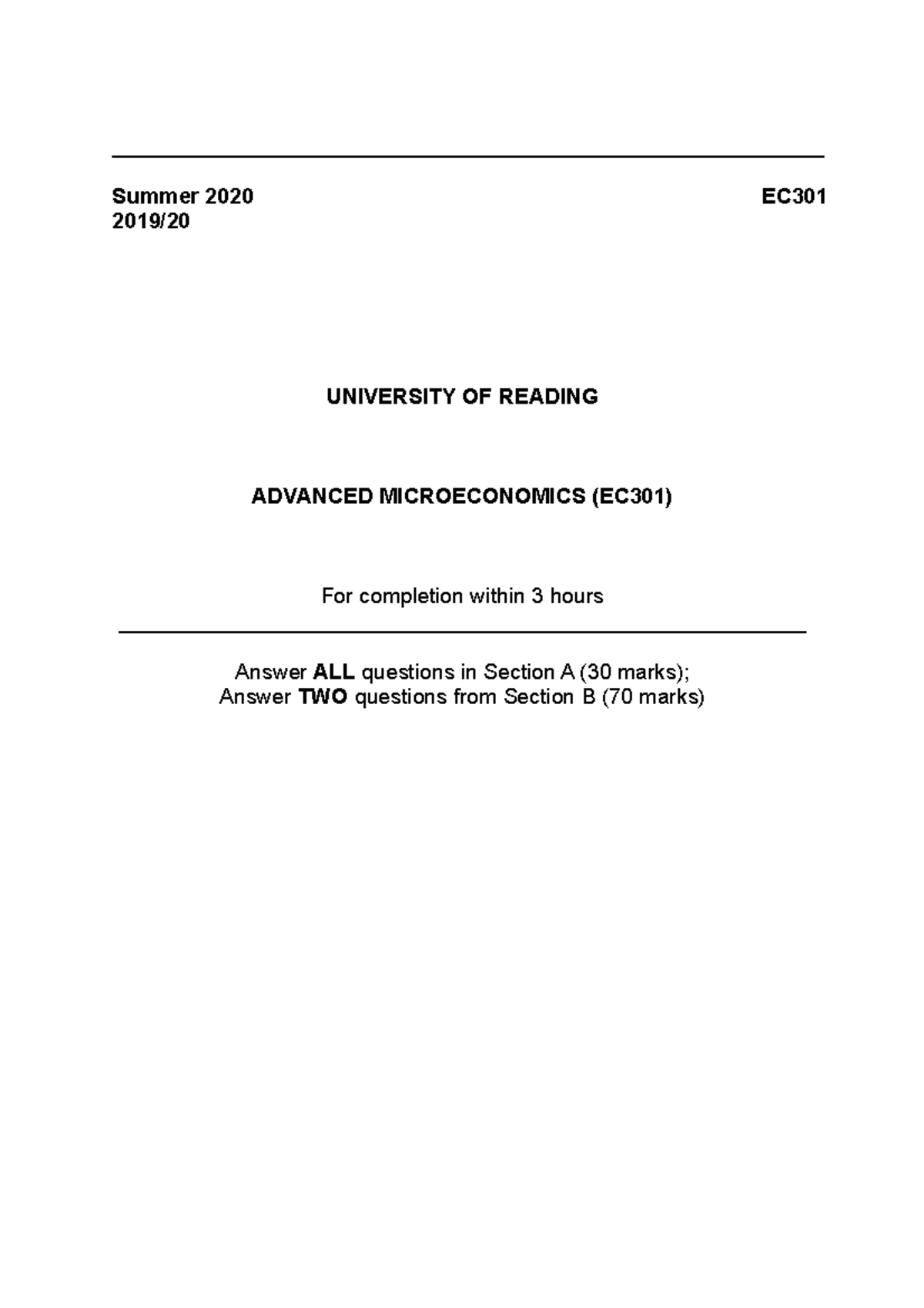 EC301 Advanced Microeconomics Solutions - Summer 2020 Exam - Studocu