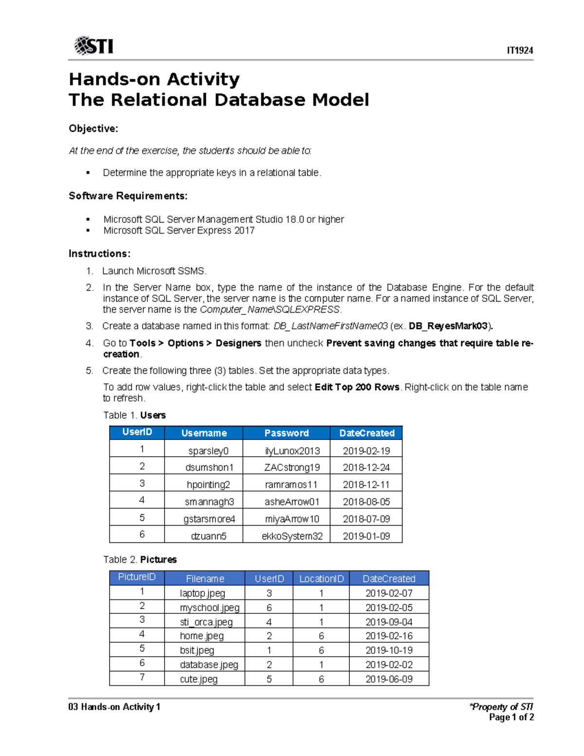 03 Hands-on Activity 1: Relational Database Model Tutorial - Studocu