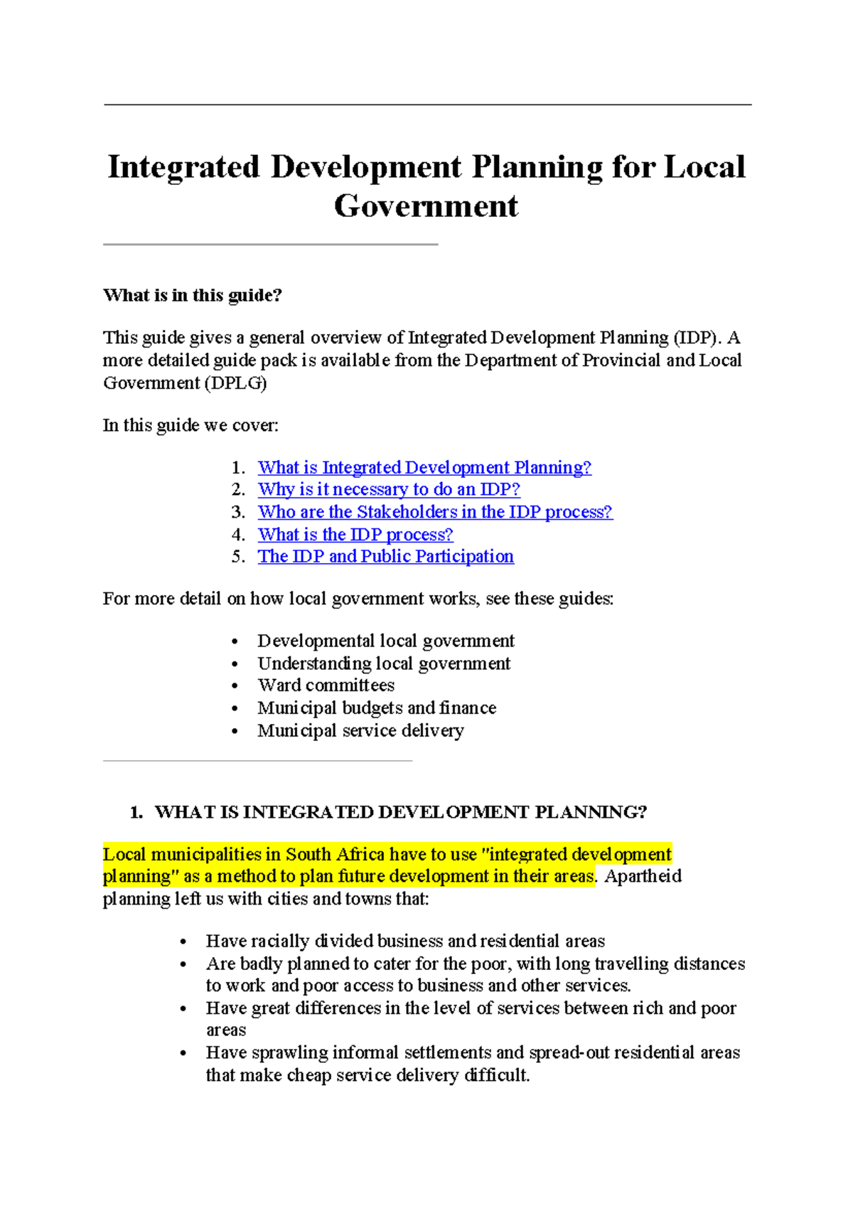 Integrated Development Planning (IDP) Guide for Local Gov. - Studocu