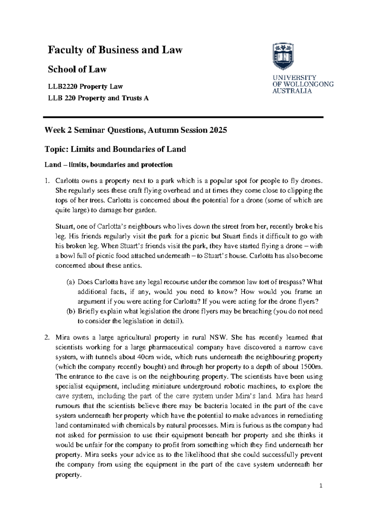 Wk 2 Seminar Questions - Property Law LLB 220: Land Limits & Legal ...