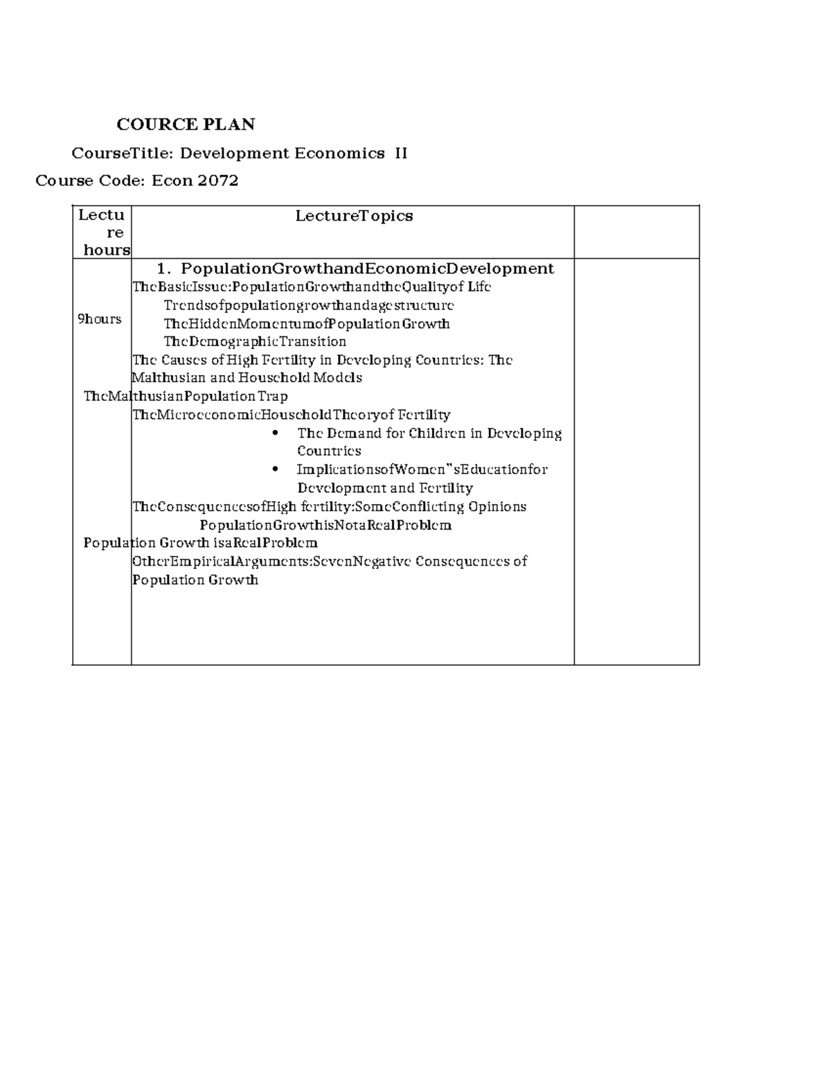 Development Economics II Cource PLAN - COURCE PLAN CourseTitle ...