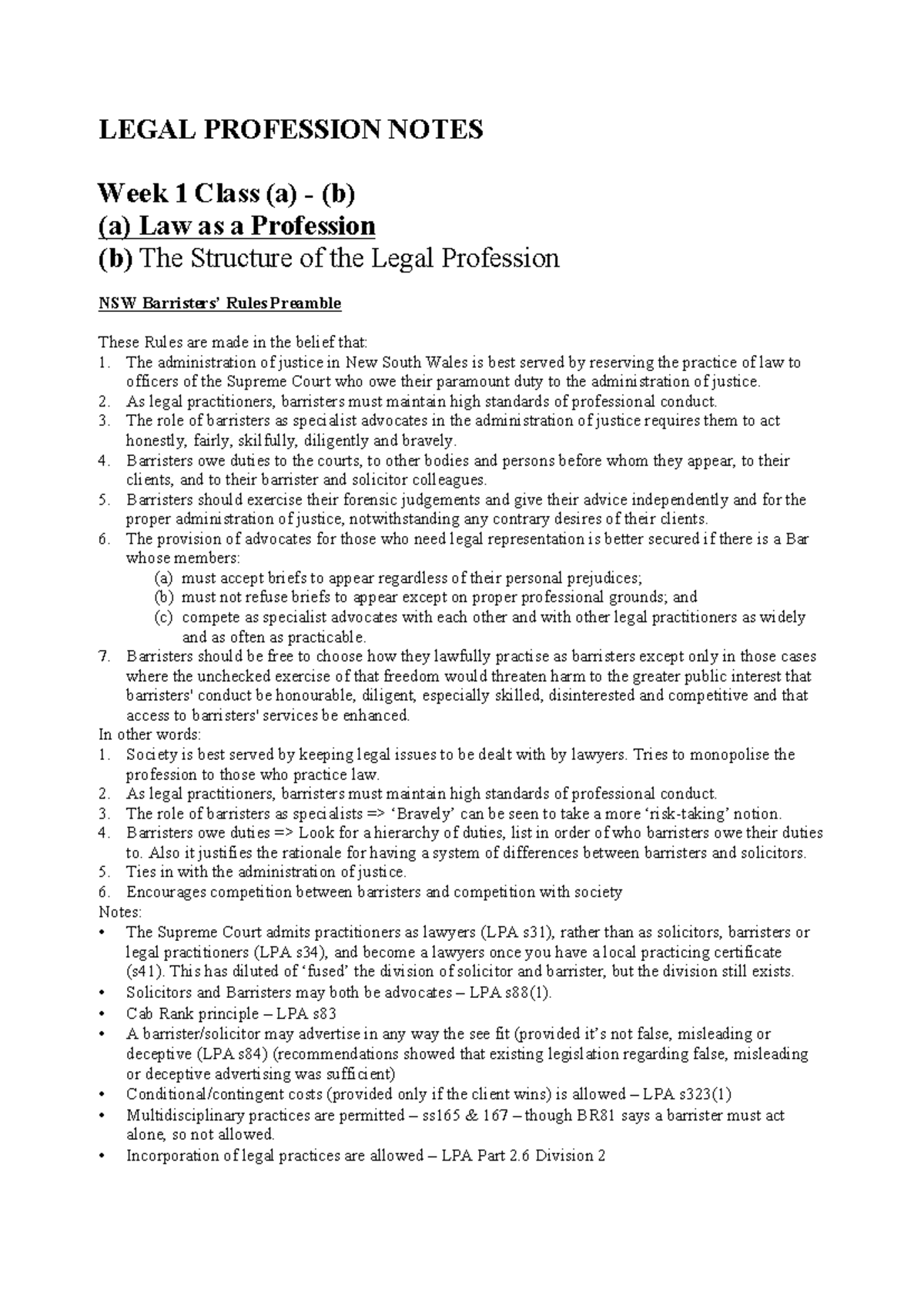 Legal Profession Conduct Notes - Week 1 & 2 Overview - Studocu
