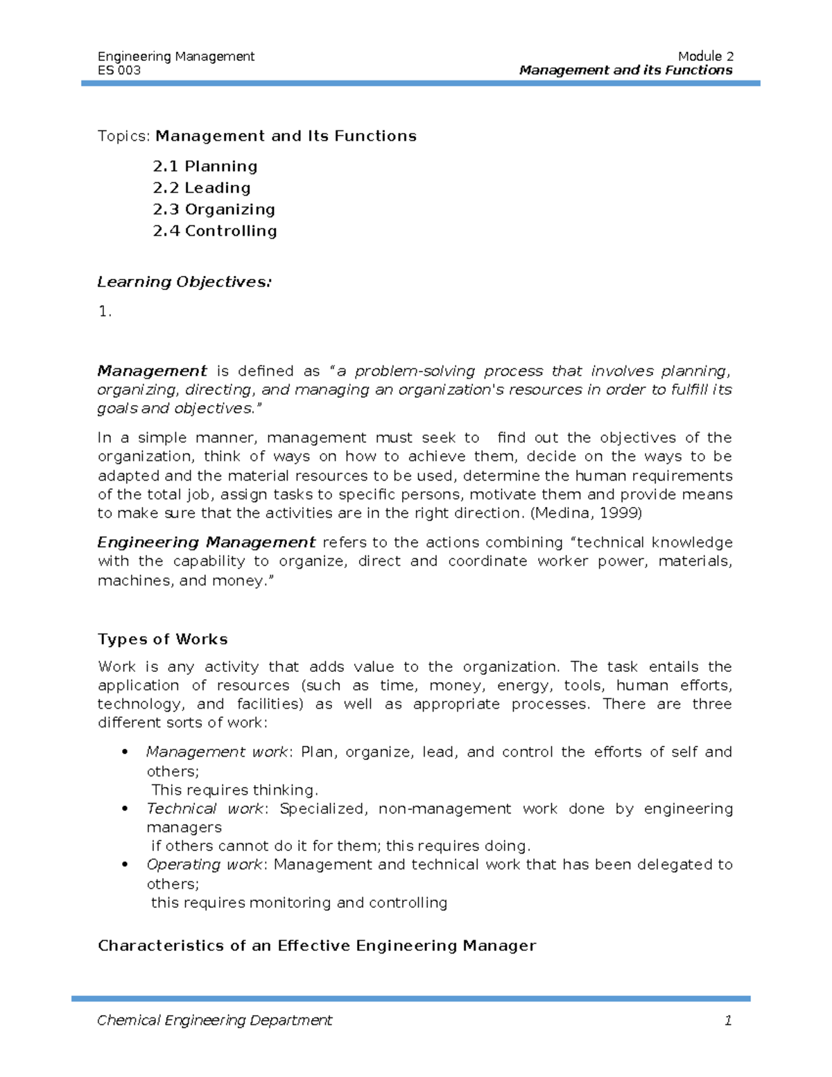 Engineering Management ES 003: Module 2 - Management Functions Overview ...