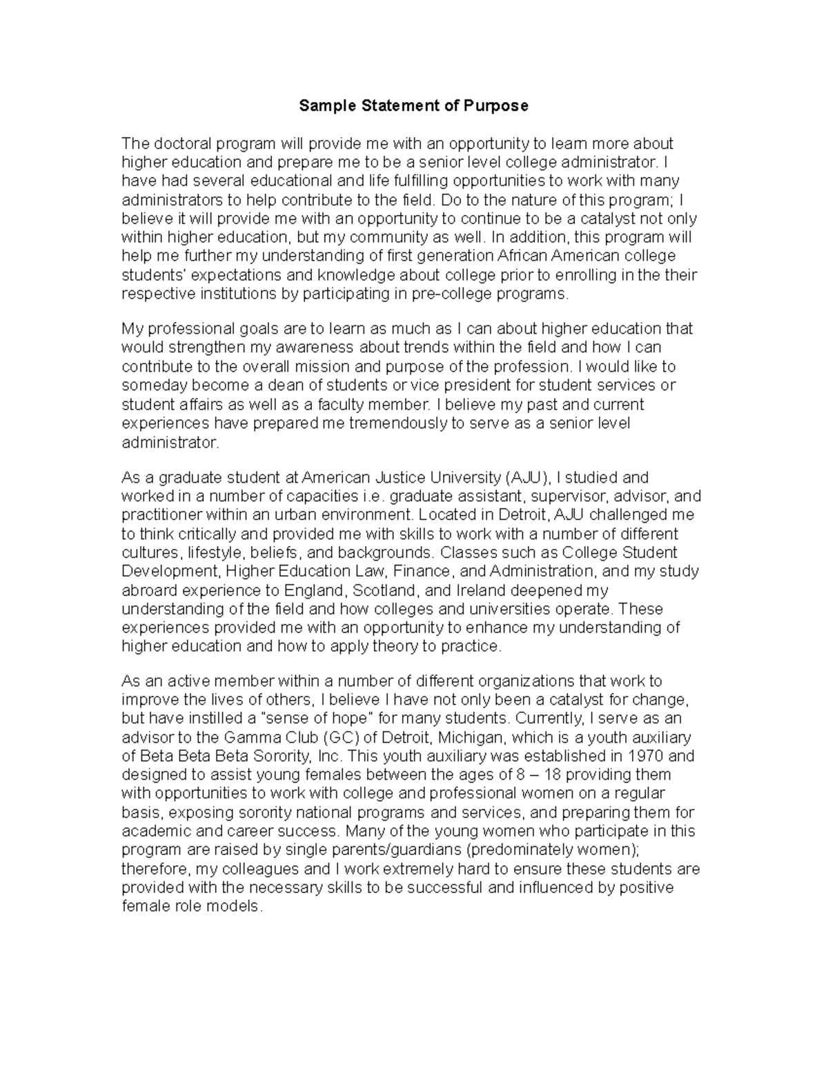 EdD Statement of Purpose Sample for NASPA University - Studocu