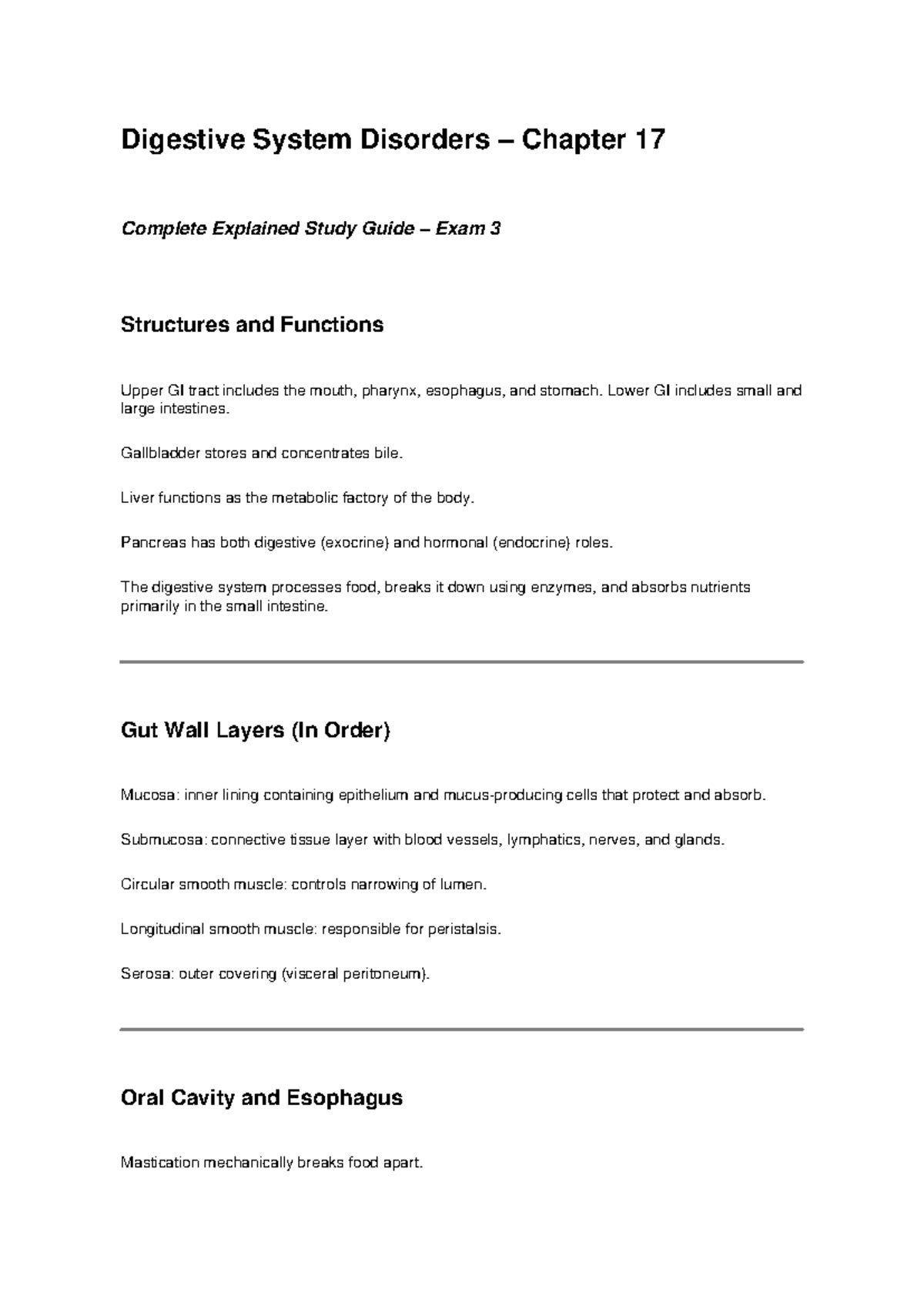 Digestive System Disorders Study Guide for Exam 3 - Studocu