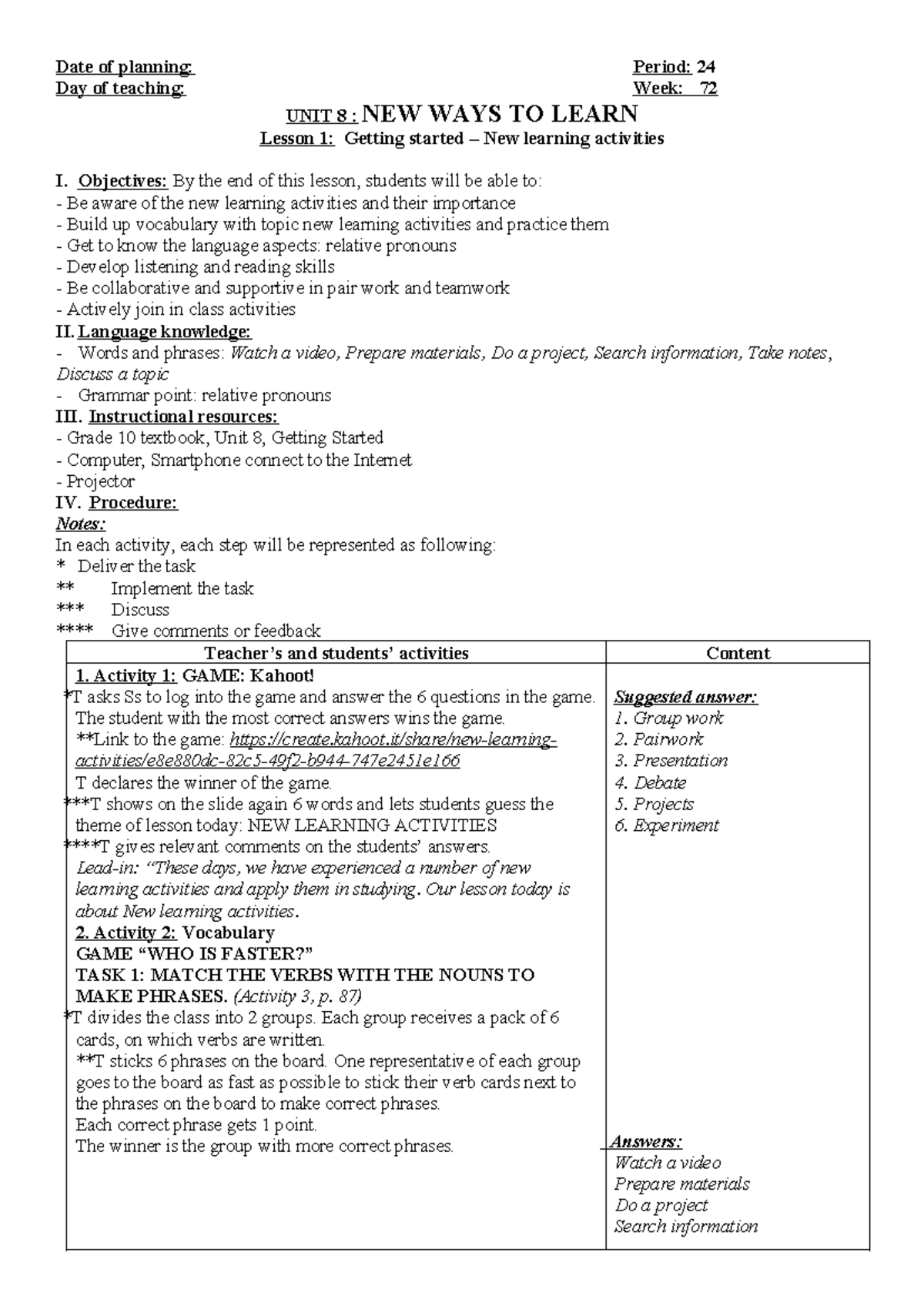 Giáo án Anh 10 Global Success UNIT 8: New Ways to Learn - Lesson Plans ...