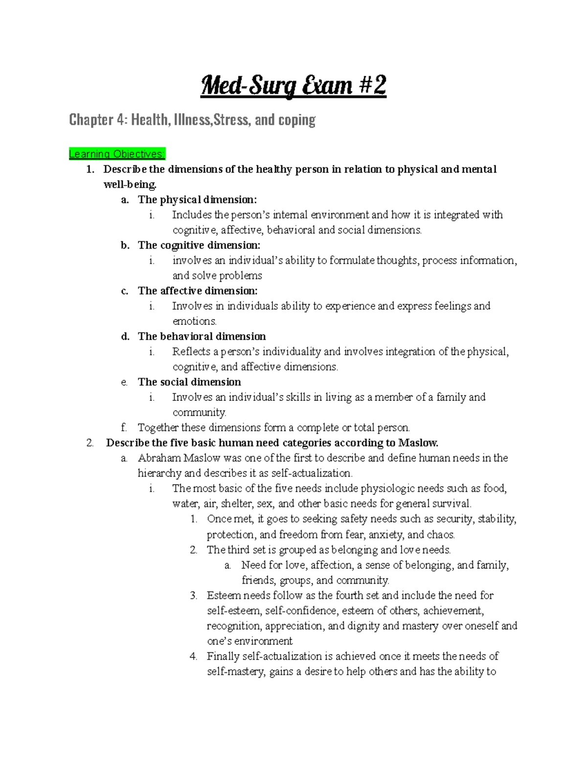 MED SURG Study guide #2 - Me -Sur a Chapter 4: Health, Illness,Stress ...