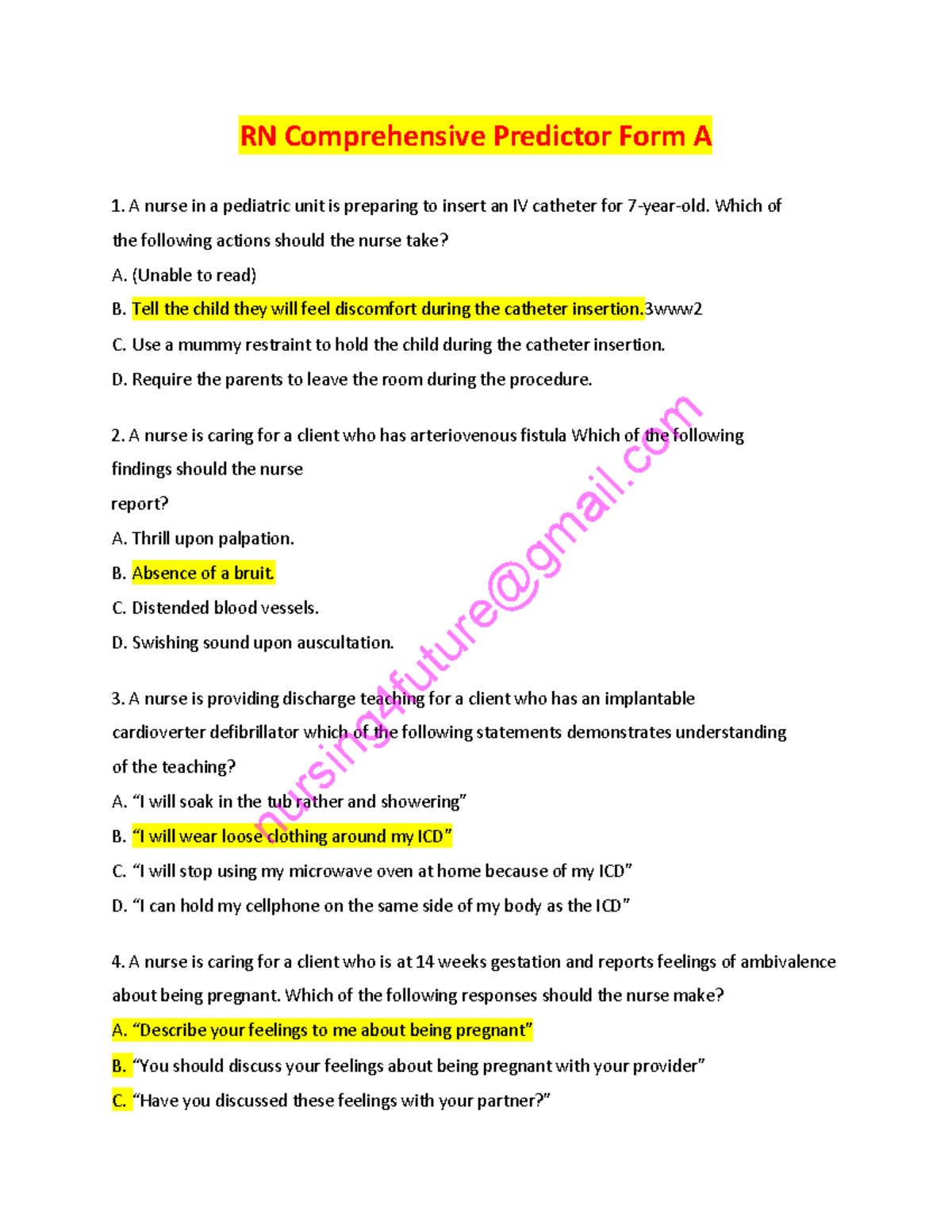 RN Comprehensive Predictor Form A: Key Nursing Concepts and Scenarios ...