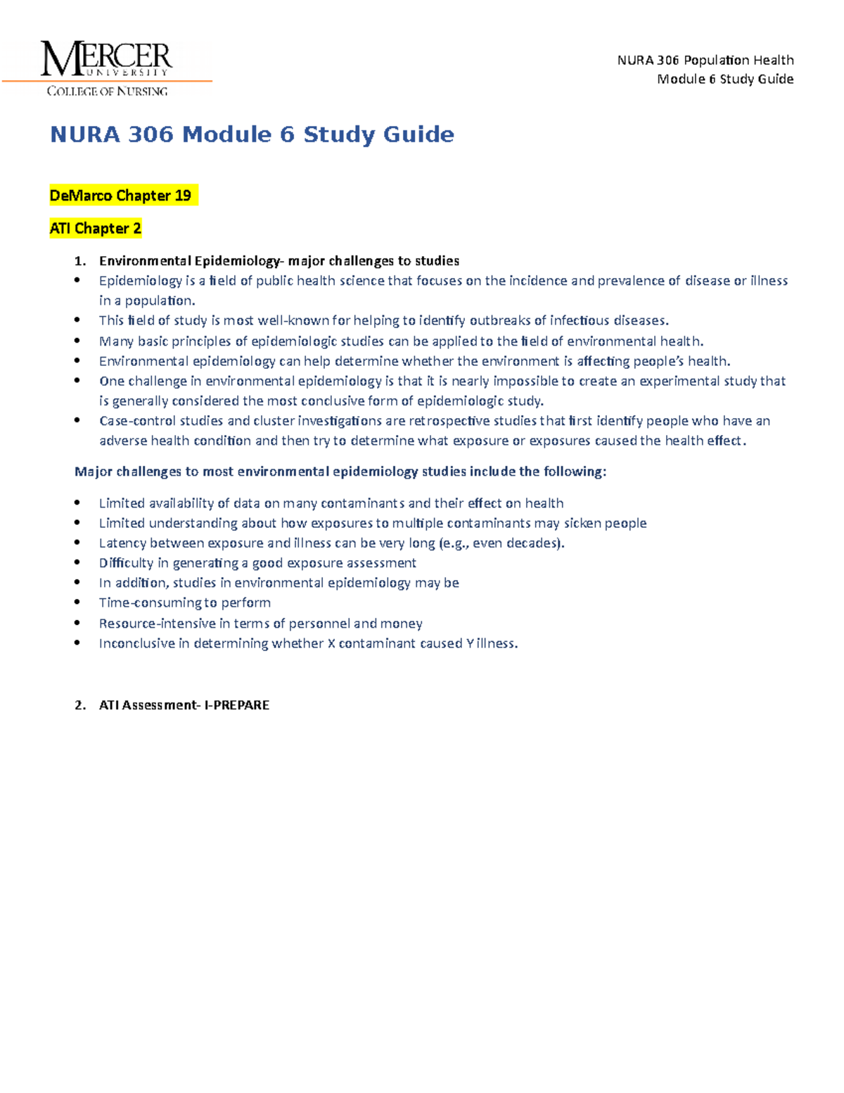 NURA 306 Module 6 Study Guide: Environmental Epidemiology ...